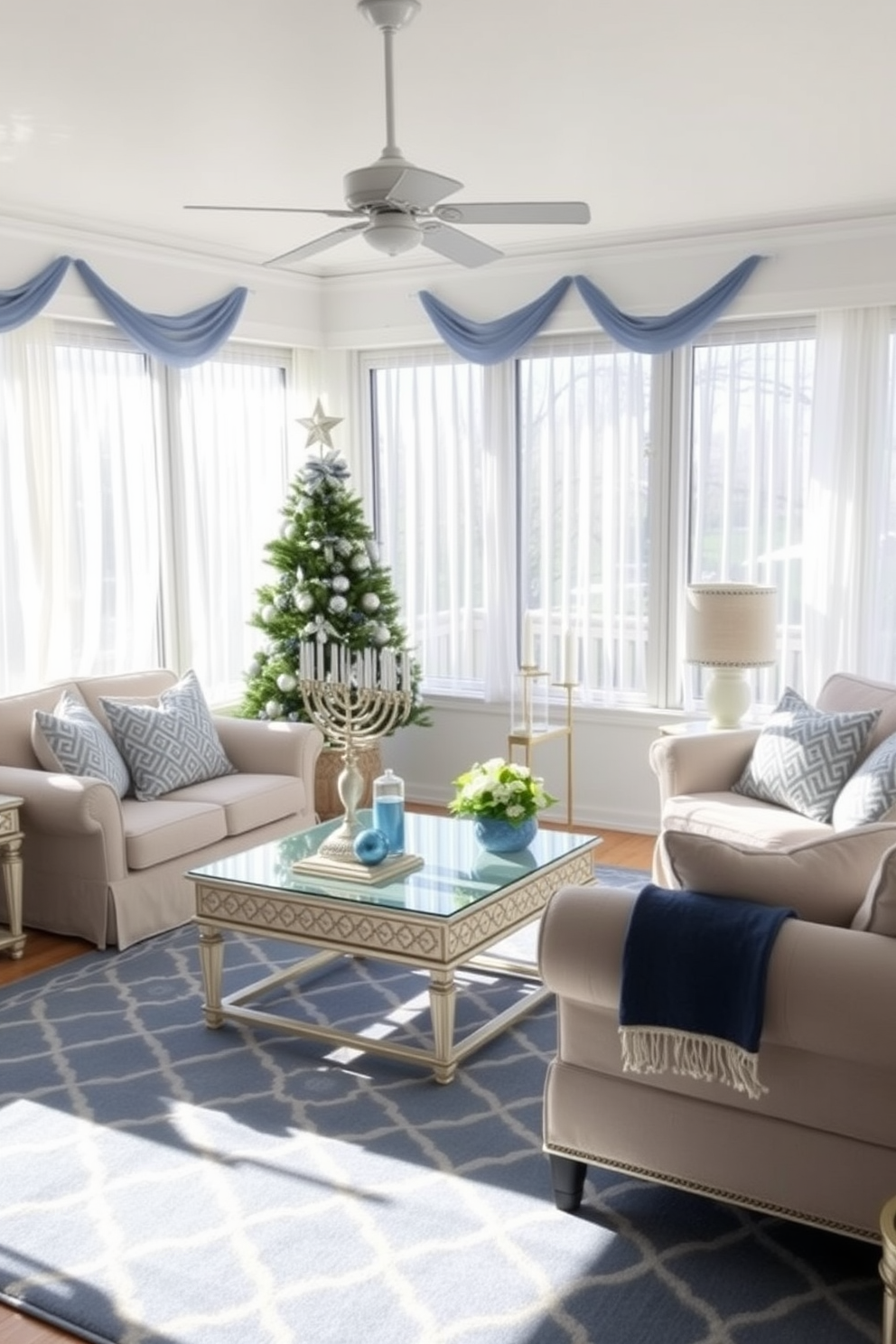 A serene sunroom decorated for Hanukkah. The space features a large blue and white rug that complements the light, airy atmosphere, with comfortable seating arranged around a decorative coffee table. Festive accents include a beautifully adorned menorah on the table, surrounded by blue and silver ornaments. Soft, sheer curtains filter the sunlight, creating a warm and inviting ambiance perfect for holiday gatherings.