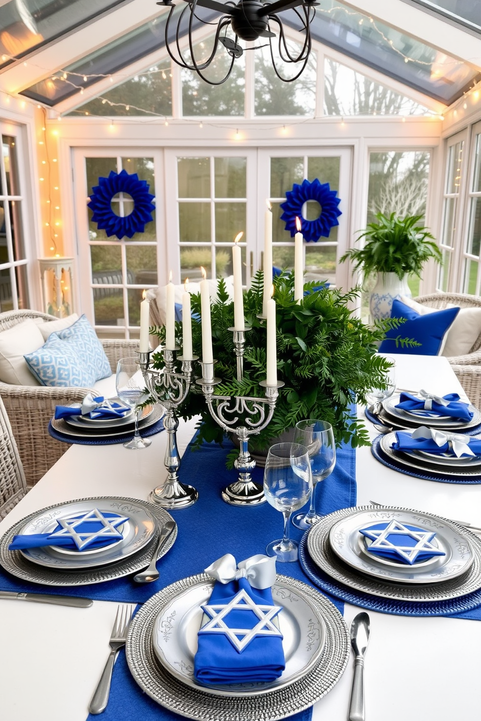 A festive Hanukkah-themed place setting features a beautifully arranged table with a blue and silver color palette. Each place setting includes a decorative menorah, elegant dinnerware adorned with Star of David motifs, and napkins tied with silver ribbon. The sunroom is adorned with twinkling string lights and vibrant blue accents to create a warm and inviting atmosphere for Hanukkah celebrations. Cozy seating is paired with plush pillows, and a centerpiece of fresh greenery and candles enhances the festive spirit.