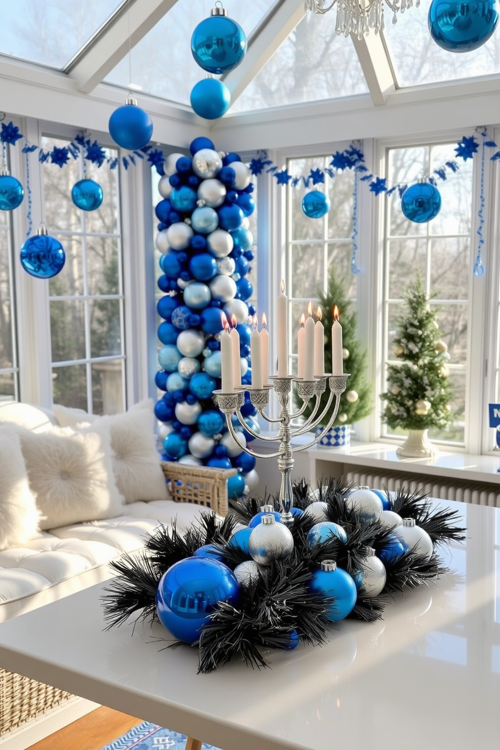 A bright sunroom decorated for Hanukkah, filled with blue and silver ornaments that shimmer in the natural light. The space features a cozy seating area with plush cushions, and a festive table adorned with a beautiful menorah surrounded by decorative candles.