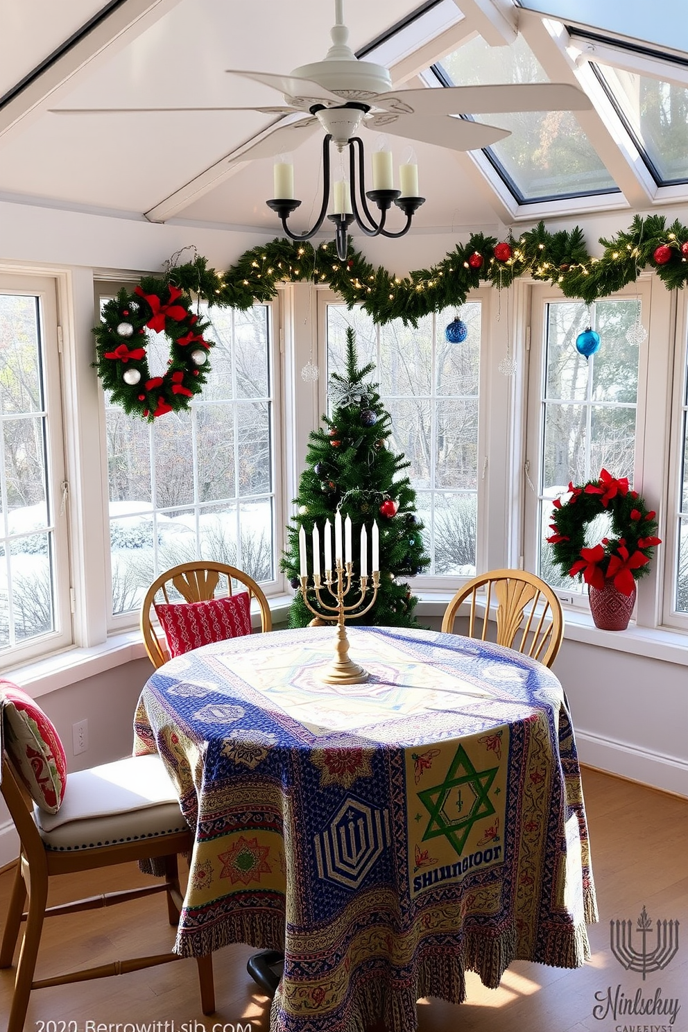 A festive sunroom adorned with a vibrant tablecloth featuring intricate menorah designs. The space is filled with natural light, showcasing holiday decorations like twinkling fairy lights and colorful ornaments hanging from the windows.