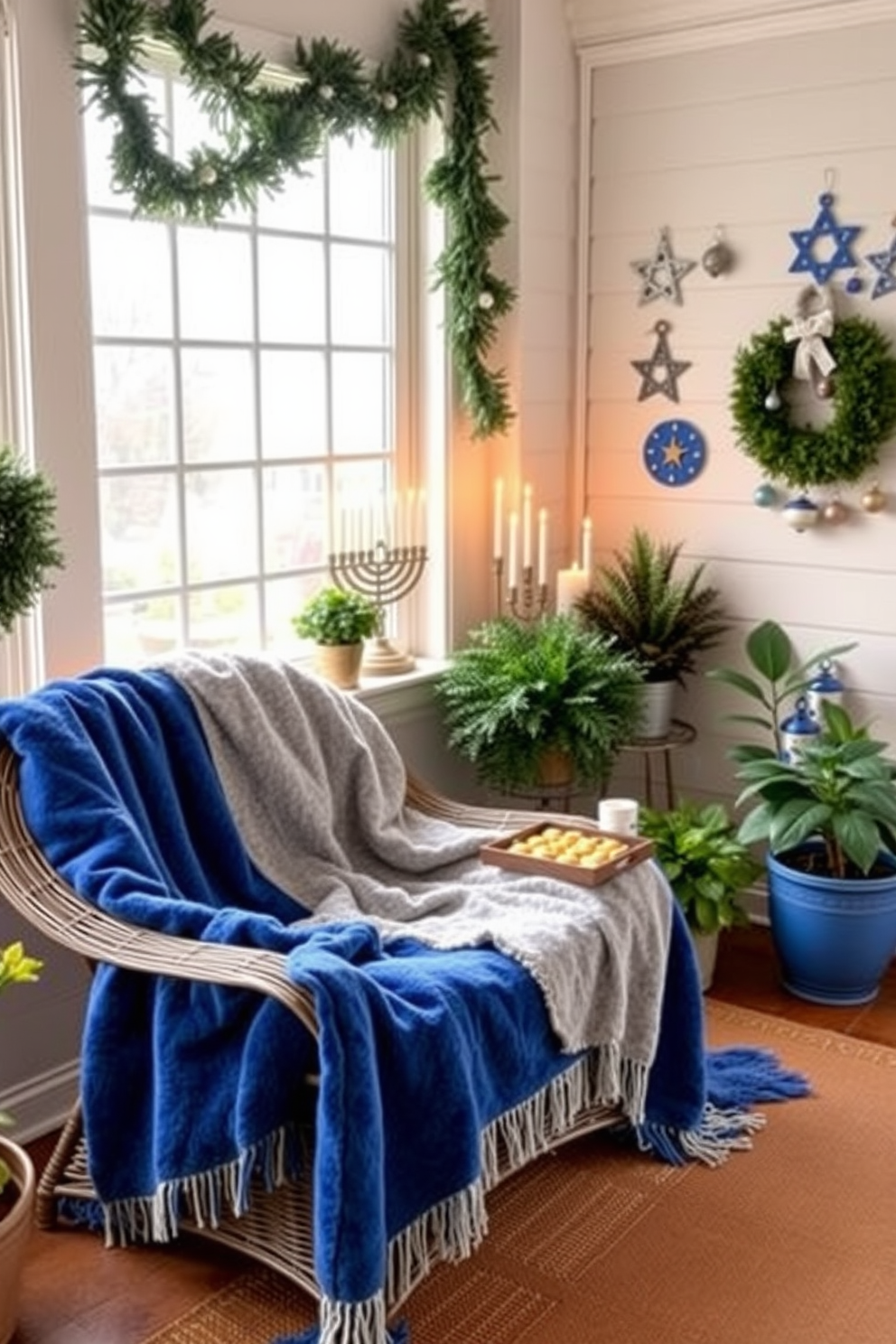 A cozy sunroom adorned for Hanukkah features plush throw blankets in rich blue and silver tones draped over a comfortable wicker chair. Soft lighting from a nearby window highlights a beautifully arranged display of menorahs and festive decorations, creating a warm and inviting atmosphere. The walls are decorated with handmade Hanukkah ornaments, and a small table holds a tray of traditional treats. Potted plants add a touch of greenery, complementing the vibrant colors of the throw blankets and enhancing the overall festive ambiance.