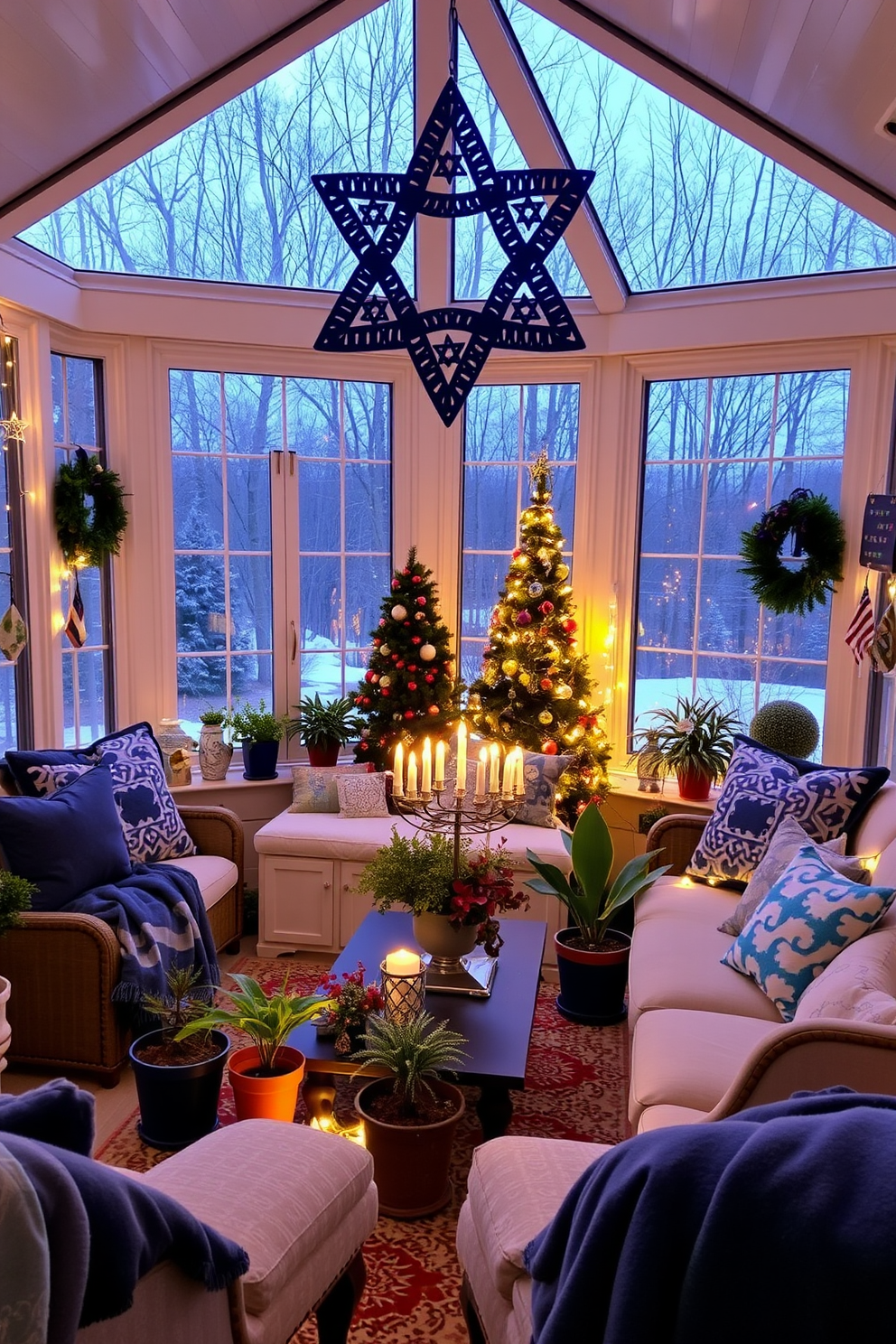 A serene sunroom adorned for Hanukkah features a large Star of David hanging decor that catches the light beautifully from the windows. The space is filled with cozy seating, draped in blue and white textiles, creating a warm and inviting atmosphere for family gatherings. Festive decorations include a menorah on the coffee table, surrounded by vibrant potted plants and twinkling fairy lights. The walls are adorned with handcrafted ornaments and traditional symbols, enhancing the joyful spirit of the holiday season.