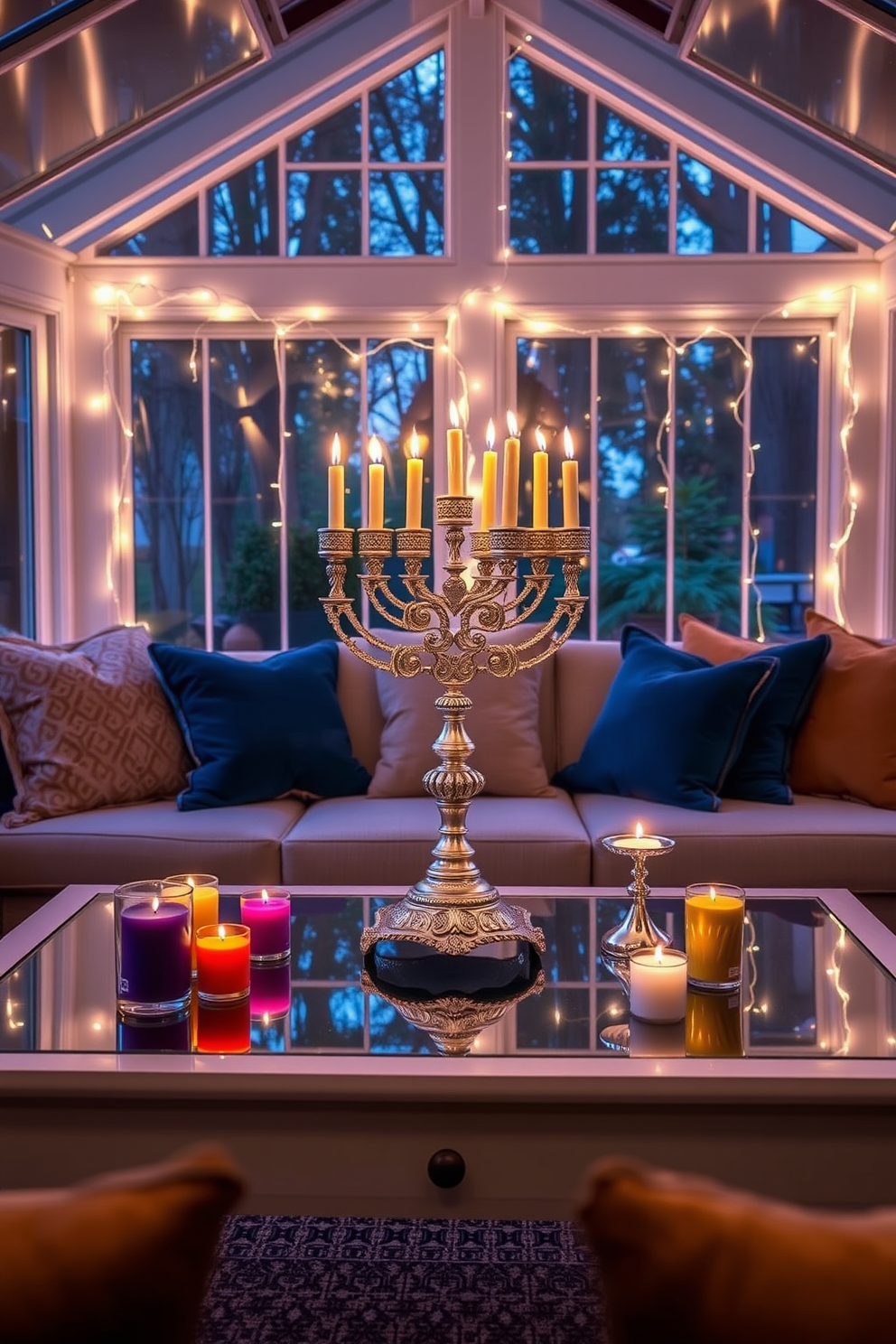 A beautifully arranged coffee table features a stunning menorah centerpiece, elegantly crafted from silver with ornate detailing. Surrounding the menorah are festive candles in vibrant colors, adding warmth and a touch of tradition to the setting. The sunroom is adorned with soft, twinkling string lights that drape across the windows, creating a cozy atmosphere for Hanukkah celebrations. Plush cushions in rich blues and golds are scattered across the seating areas, inviting guests to relax and enjoy the festive decor.