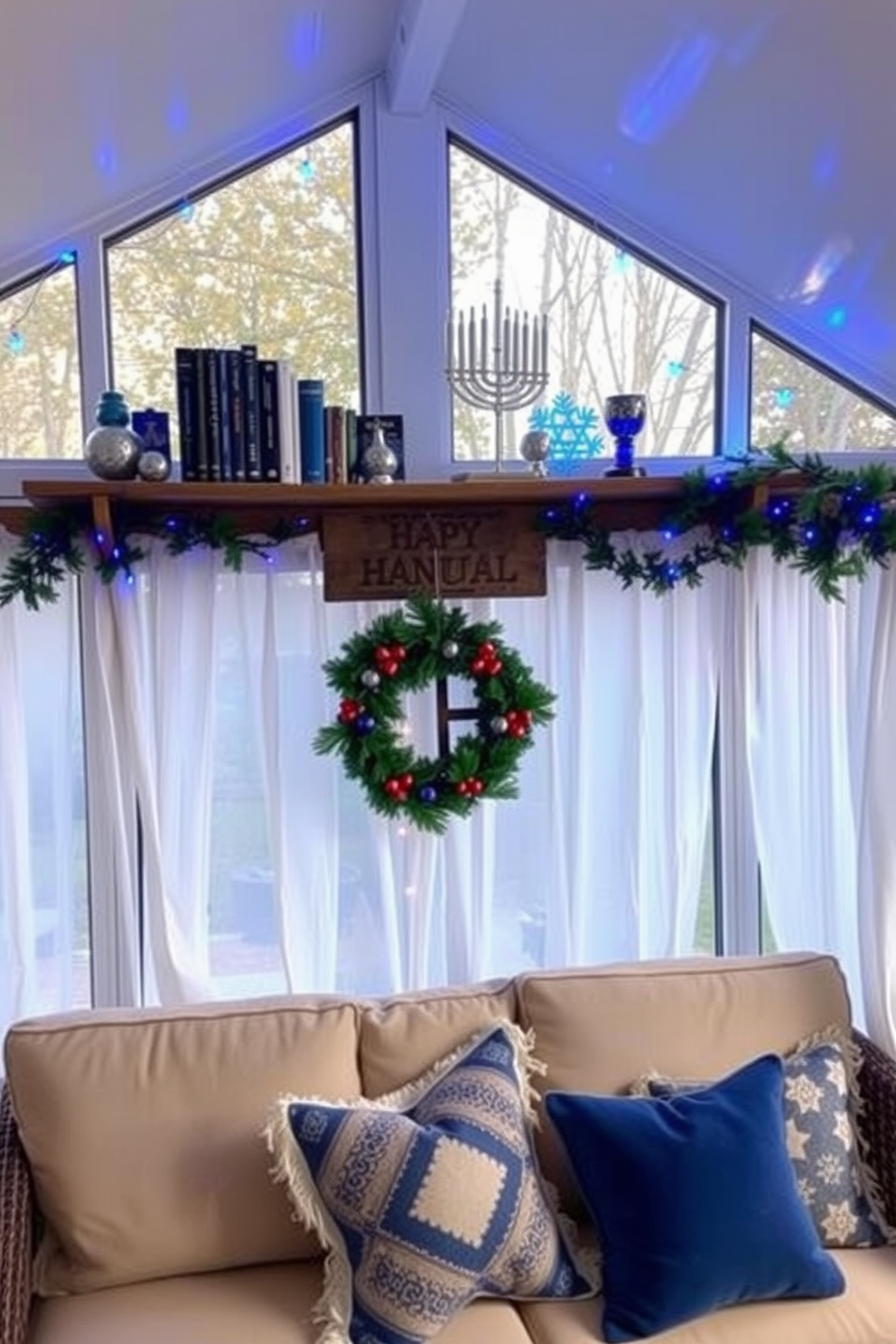 A cozy sunroom adorned for Hanukkah features a beautifully arranged book display on a rustic wooden shelf, showcasing a collection of blue and silver-themed books alongside decorative dreidels and menorahs. Soft, warm lighting filters through sheer white curtains, creating an inviting atmosphere perfect for reading and reflection during the holiday season. The sunroom is decorated with vibrant Hanukkah motifs, including garlands of blue and white lights draped across the windows. A plush seating area with throw pillows in festive colors invites family and friends to gather and celebrate the spirit of Hanukkah together.