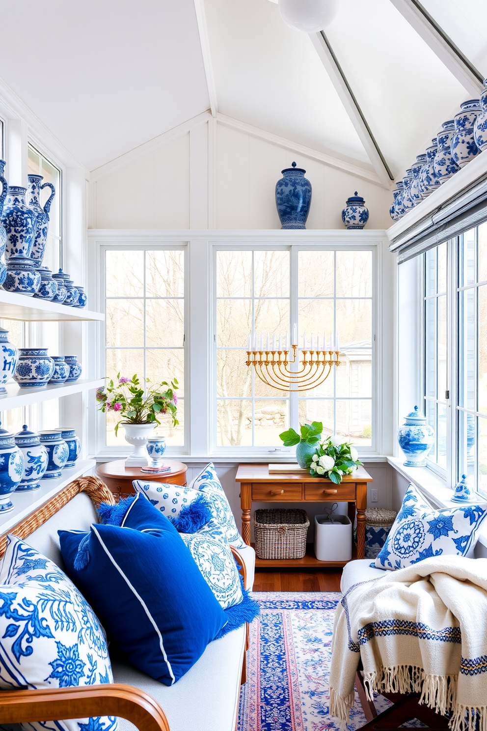 A bright and airy sunroom adorned with blue and white pottery accents. The space features large windows that invite natural light, showcasing a collection of intricate ceramic vases and dishes arranged artfully on shelves and tables. For Hanukkah, the sunroom is tastefully decorated with festive elements, including a beautiful menorah placed on a wooden side table. Soft blue and white textiles, such as throw pillows and a cozy blanket, add warmth and comfort to the space while celebrating the holiday spirit.