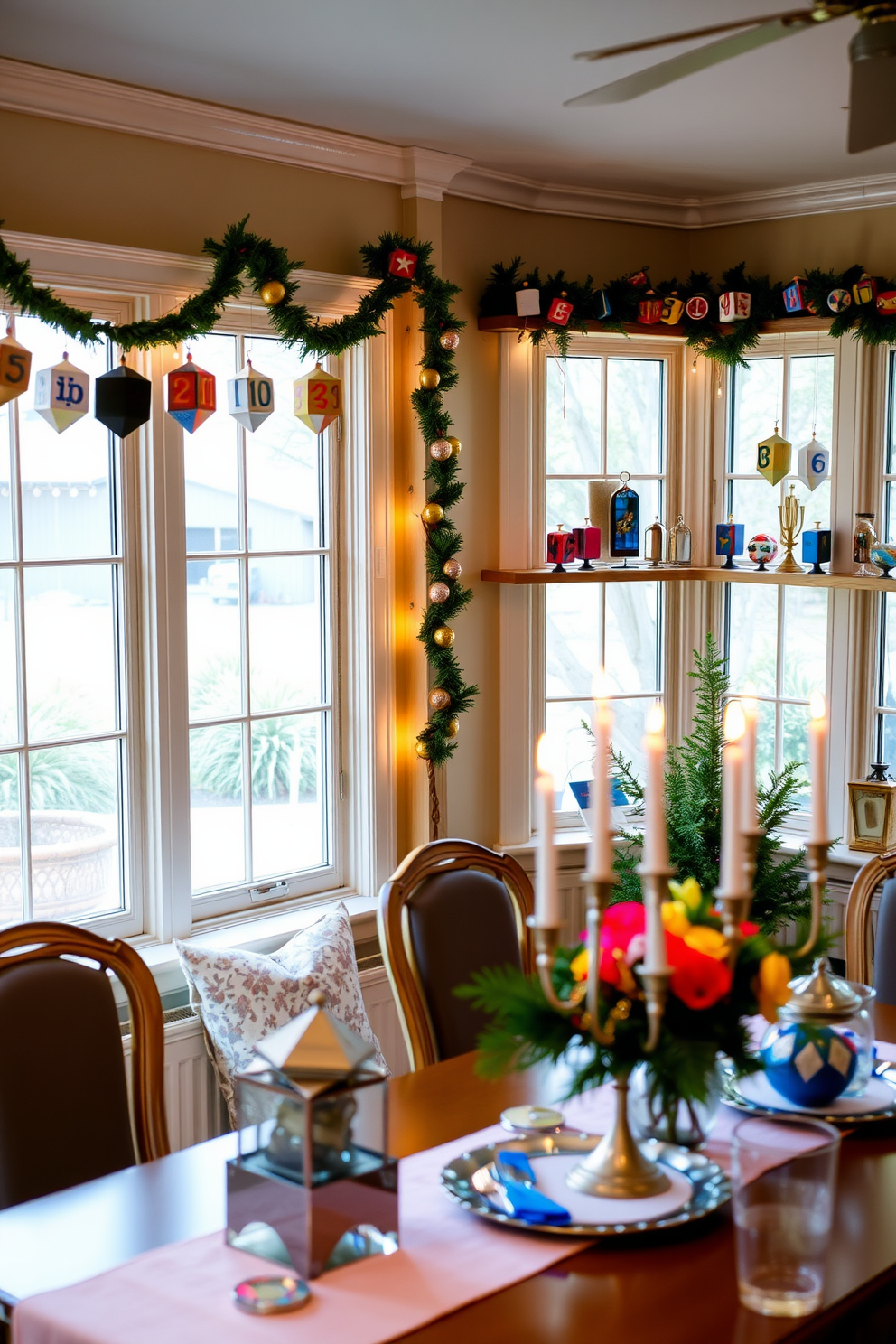 A cozy sunroom adorned for Hanukkah, featuring shelves lined with colorful decorative dreidels in various sizes and designs. Soft, natural light filters through large windows, illuminating a festive table set with blue and silver accents, creating a warm and inviting atmosphere.