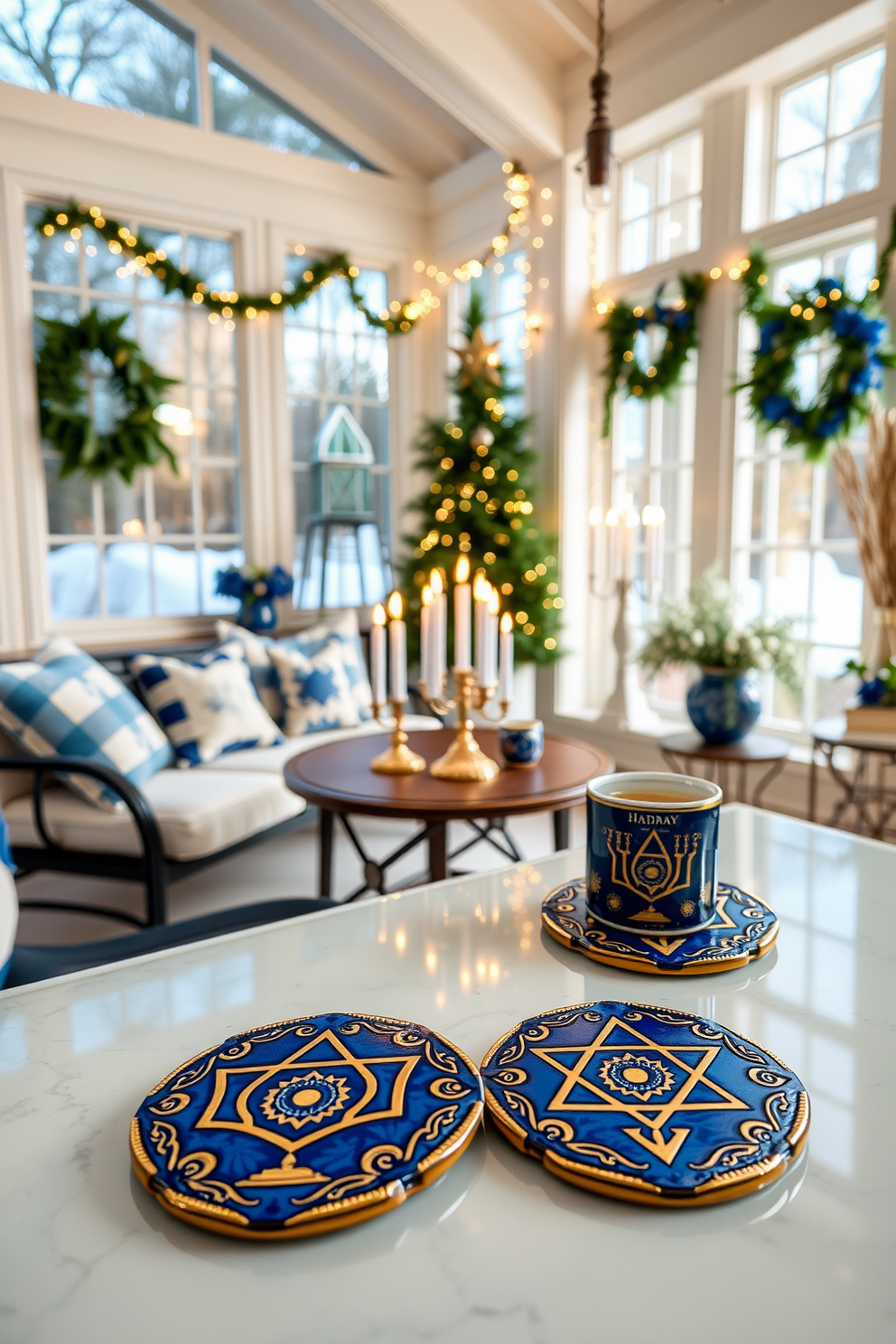 A set of elegant Hanukkah-themed coasters, featuring intricate designs of menorahs and dreidels in rich blue and gold colors. Each coaster is crafted from high-quality ceramic, showcasing a glossy finish that reflects light beautifully. A sunroom adorned for Hanukkah, filled with natural light and decorated with blue and silver accents. The space features a cozy seating area with plush cushions, a festive table set with menorahs, and twinkling string lights draped across the windows.