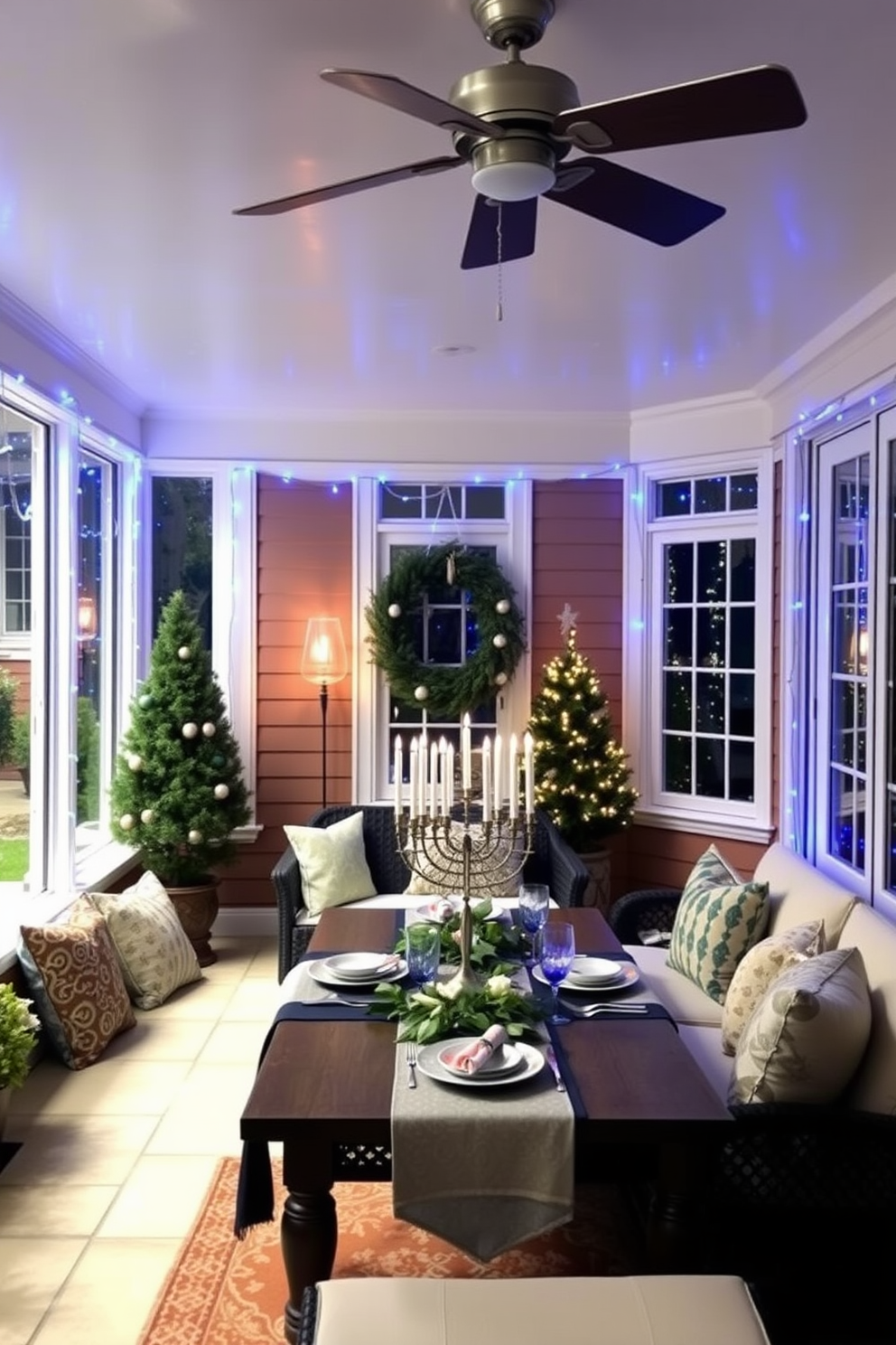 A cozy sunroom decorated for Hanukkah, featuring blue LED string lights draped elegantly across the windows. The space is filled with comfortable seating, adorned with festive cushions, and a beautifully set table with menorah and traditional dishes.