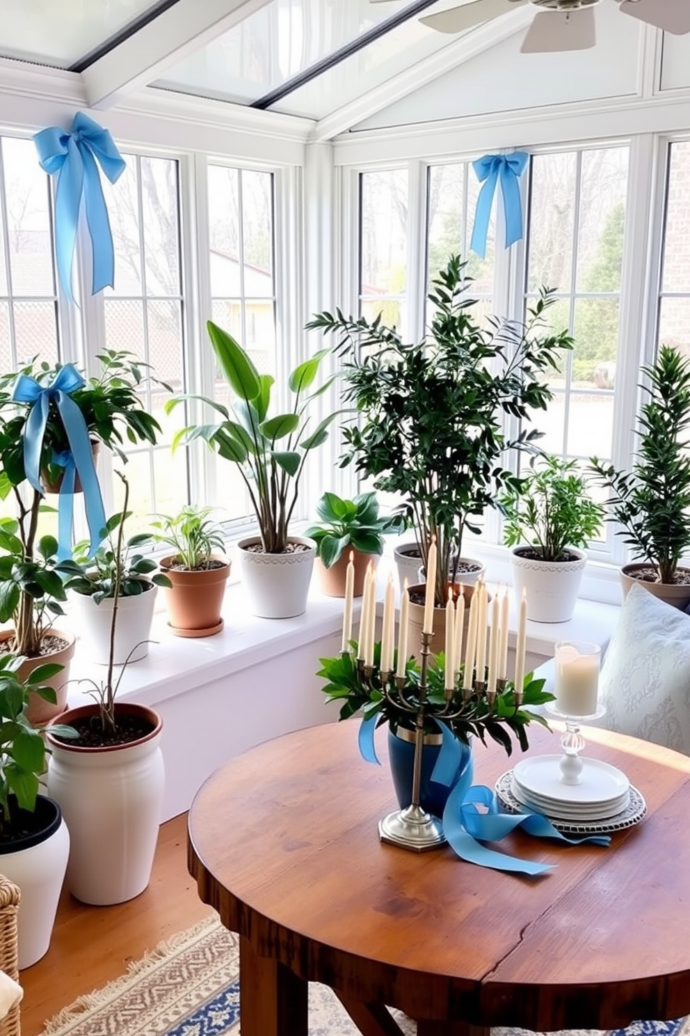 A sunroom filled with natural light features an array of potted plants adorned with delicate blue ribbons, adding a touch of elegance to the greenery. The space is decorated with soft, neutral furnishings, creating a cozy atmosphere perfect for relaxation and gatherings. For Hanukkah, the sunroom is transformed with festive decorations, including a beautifully arranged menorah on a rustic wooden table. Soft blue and silver accents complement the potted plants, enhancing the celebratory ambiance of the holiday.