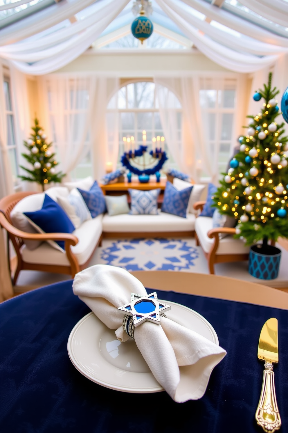 A set of elegant Hanukkah-themed napkin rings crafted from silver, adorned with intricate Star of David designs and blue enamel accents. These rings are displayed on a festive table setting featuring a rich navy tablecloth and white dinnerware, complemented by shimmering gold flatware. A sunroom decorated for Hanukkah, featuring a cozy seating area with plush cushions in shades of blue and silver. The windows are adorned with sheer white curtains, and the space is illuminated by soft, warm lighting, with menorahs and blue and silver ornaments strategically placed throughout the room.