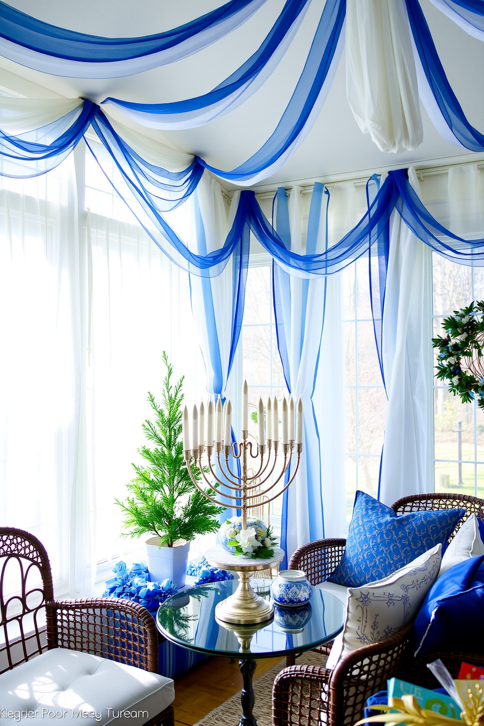 A bright sunroom adorned with blue and white curtains gently billowing in the breeze. The space is filled with natural light, highlighting a cozy seating area with festive Hanukkah decorations, including a beautifully arranged menorah and blue and silver accents throughout.