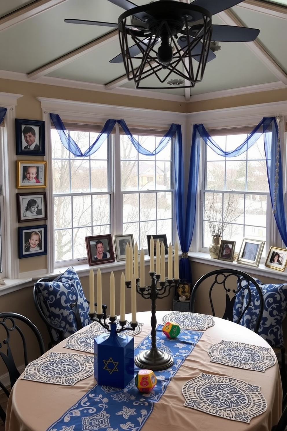 A cozy sunroom adorned with Hanukkah-themed picture frames showcasing family memories. The walls are decorated with blue and silver accents, while a festive table is set with menorah centerpieces and colorful dreidels.