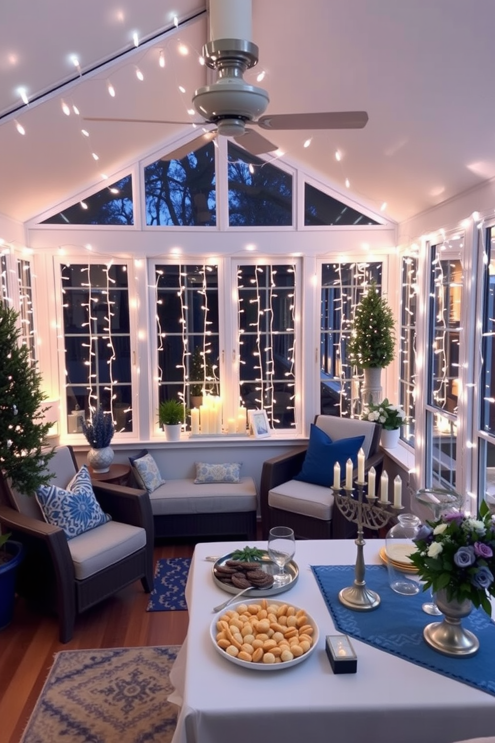 A cozy sunroom adorned for Hanukkah, featuring string lights elegantly draped around the windows, creating a warm and inviting atmosphere. The space is filled with comfortable seating, complemented by festive decorations such as blue and silver accents, menorahs, and a beautifully arranged table displaying traditional treats.