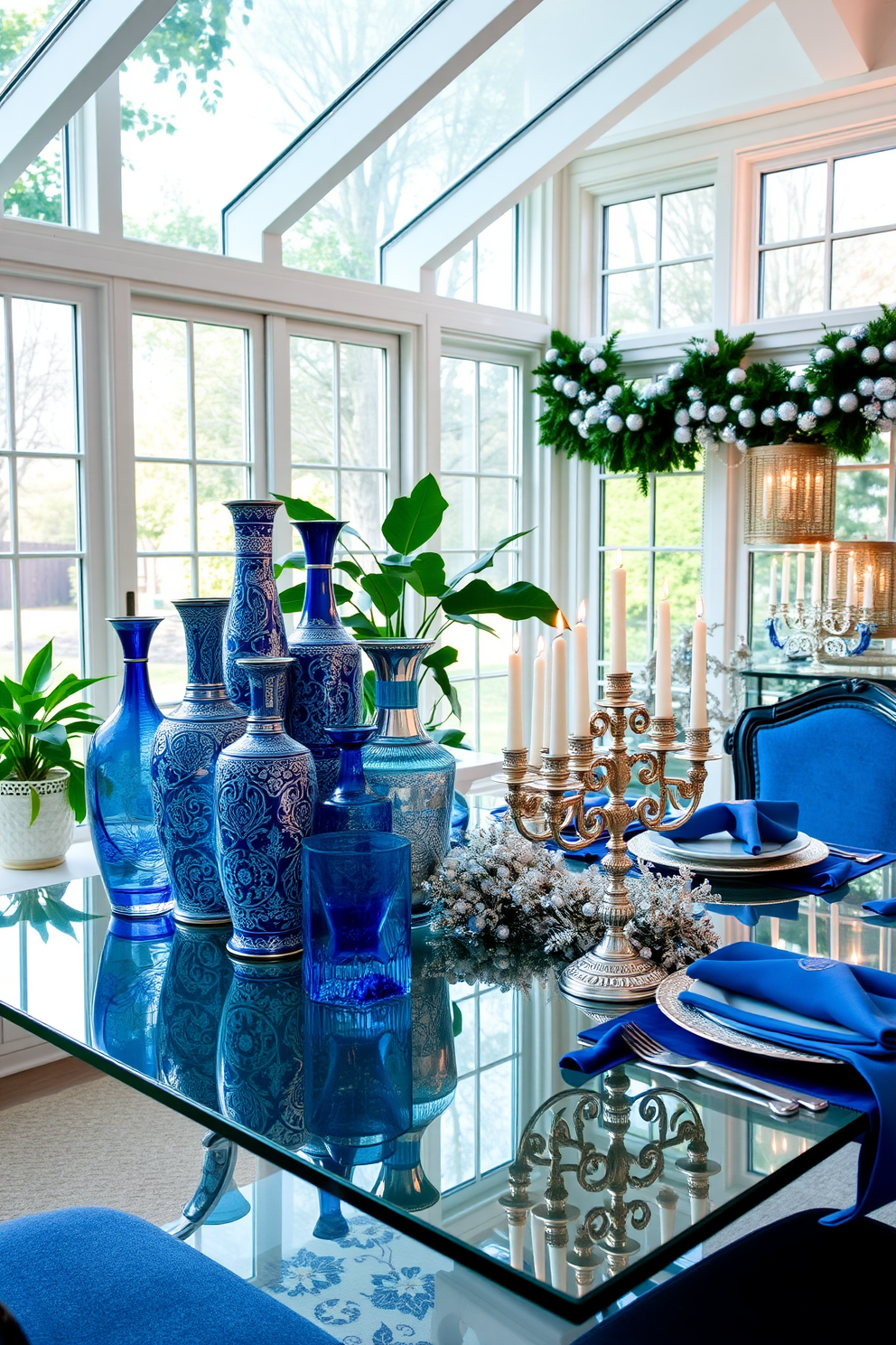 A bright sunroom filled with natural light, featuring a collection of blue and silver vases arranged on a sleek glass table. The vases vary in height and shape, showcasing intricate patterns and textures, while greenery peeks from the windows, adding a touch of nature. For Hanukkah decorating ideas, the sunroom is adorned with elegant blue and silver accents, including a beautifully set table with a menorah as the centerpiece. Soft, warm lighting creates a cozy atmosphere, complemented by festive garlands and decorative candles that enhance the celebratory spirit.