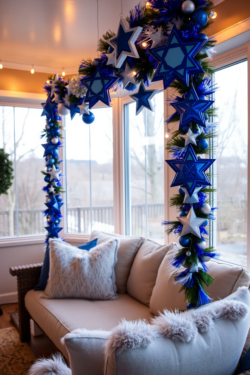 A cozy sunroom adorned for Hanukkah, featuring a garland made of blue and silver stars, including prominent Star of David ornaments. Soft, warm lighting from string lights enhances the festive atmosphere, while plush seating invites relaxation and celebration.