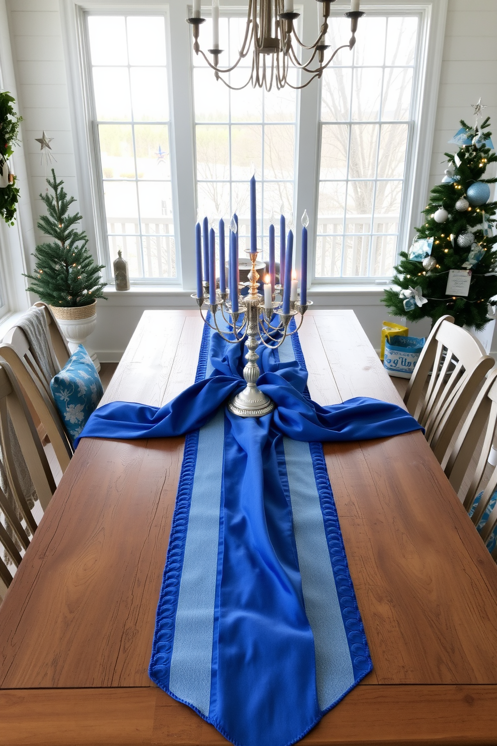 A serene sunroom adorned for Hanukkah, featuring a beautiful blue and silver table runner that elegantly drapes across a rustic wooden dining table. The table is set with gleaming silver menorahs and delicate blue candles, surrounded by festive decorations that reflect the warmth and joy of the holiday season.