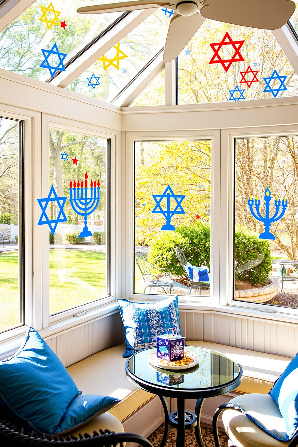 A cozy sunroom adorned with Hanukkah-themed window decals featuring stars and menorahs. The decals are vibrant and colorful, creating a festive atmosphere that complements the natural light streaming through the large windows. Inside the sunroom, a plush seating area is decorated with blue and silver cushions, while a small table is set for a Hanukkah gathering. A decorative dreidel and a plate of gelt sit on the table, adding to the celebratory decor.