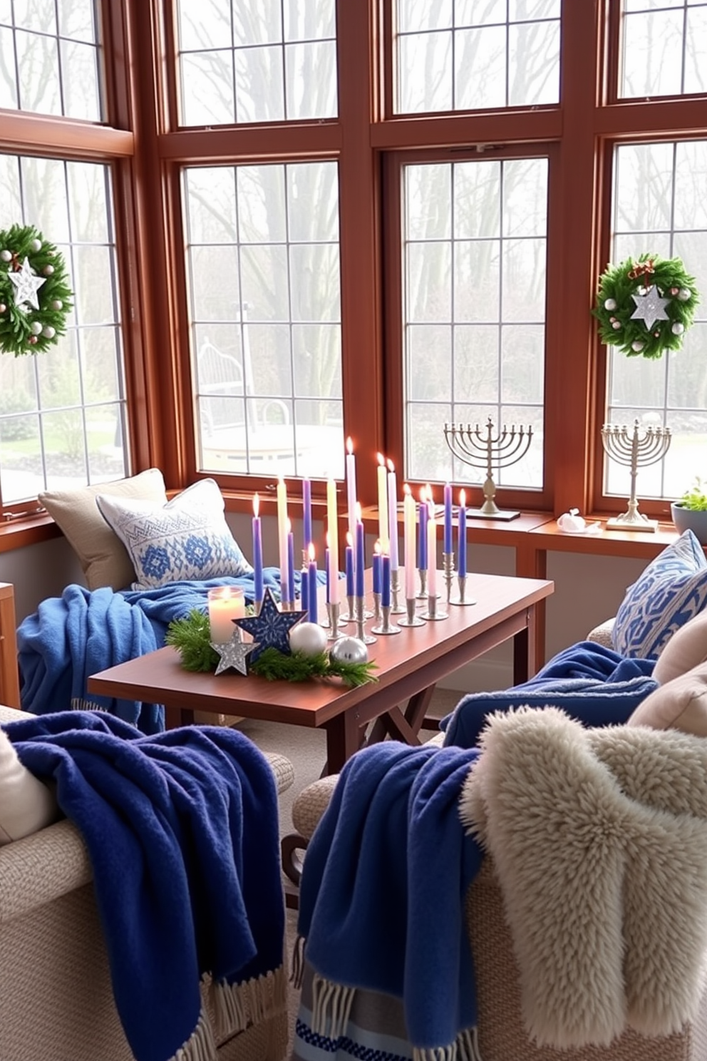 A cozy sunroom adorned for Hanukkah, featuring a collection of festive blue and white candles arranged on a wooden table. The soft glow of the candles complements the natural light streaming through large windows, creating a serene atmosphere filled with holiday cheer. Surrounding the table, comfortable seating is draped with plush throw blankets in coordinating colors. Decorative elements like star-shaped ornaments and traditional menorahs enhance the festive spirit, inviting warmth and celebration into the space.