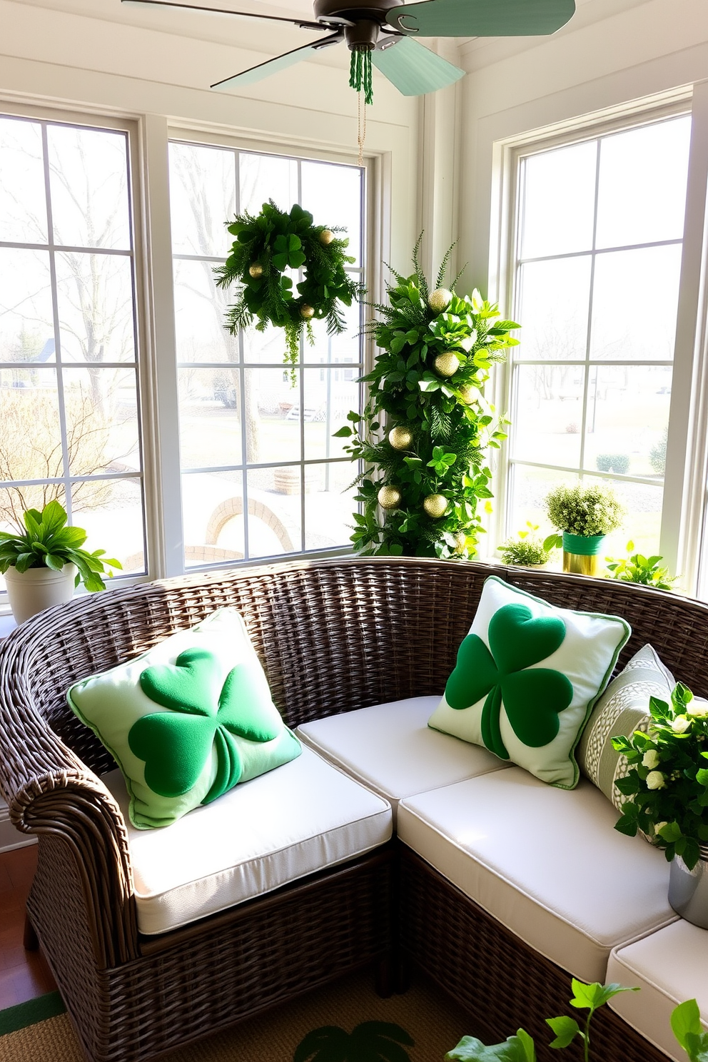 A sunroom decorated for St. Patrick's Day features plush green shamrock throw pillows adorning a cozy wicker sofa. Natural light floods the space through large windows, highlighting a festive arrangement of greenery and gold accents throughout the room.