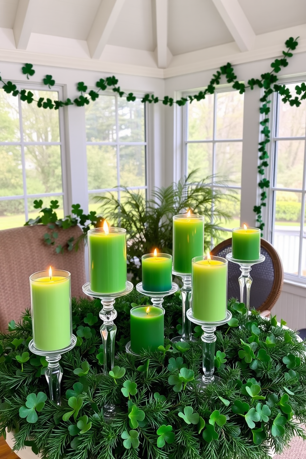 A cozy sunroom adorned for St. Patrick's Day features a collection of green candles in elegant glass holders, casting a warm glow throughout the space. Lush greenery surrounds the candles, complemented by festive decorations like shamrocks and garlands that celebrate the holiday spirit.