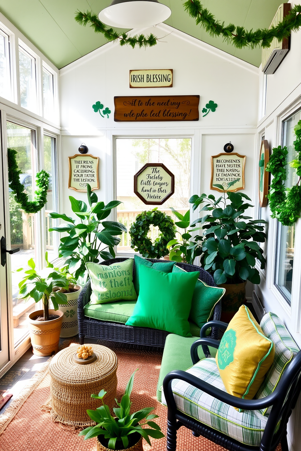 A cozy sunroom adorned with Irish blessing signs on the walls, featuring a mix of vintage and contemporary decor. The space is filled with natural light, highlighting a comfortable seating area with green and gold accents, perfect for celebrating St. Patrick's Day. Lush potted plants are strategically placed around the room, adding a touch of nature and vibrancy. Festive decorations, such as shamrock garlands and themed throw pillows, enhance the cheerful atmosphere, inviting relaxation and celebration.