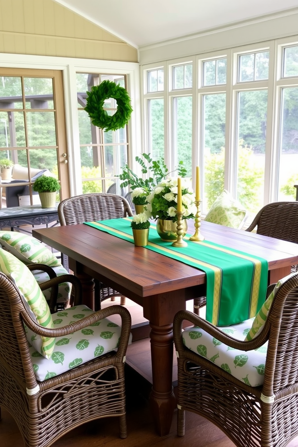 A vibrant sunroom adorned for St. Patrick's Day features a lush green and gold table runner that elegantly drapes across a rustic wooden dining table. Surrounding the table are comfortable wicker chairs, each topped with cheerful, patterned cushions that reflect the festive spirit. On the table, a collection of decorative elements includes small potted shamrocks, golden candle holders, and a centerpiece of fresh white and green flowers. The sunroom's large windows allow natural light to flood in, enhancing the warmth of the space and creating a welcoming atmosphere for guests.