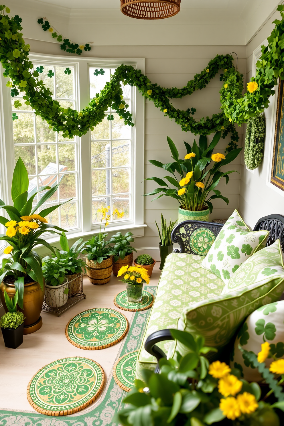 A festive set of St. Patrick's Day themed coasters featuring intricate Celtic designs in shades of green and gold. Each coaster is adorned with symbols such as shamrocks, leprechauns, and pots of gold, perfect for adding a touch of holiday spirit to your gatherings. A bright and inviting sunroom decorated for St. Patrick's Day with lush green plants and cheerful yellow flowers. The space is enhanced by garlands of shamrocks draped across the windows, and a cozy seating area featuring green and white patterned cushions, creating a warm atmosphere for relaxation and celebration.