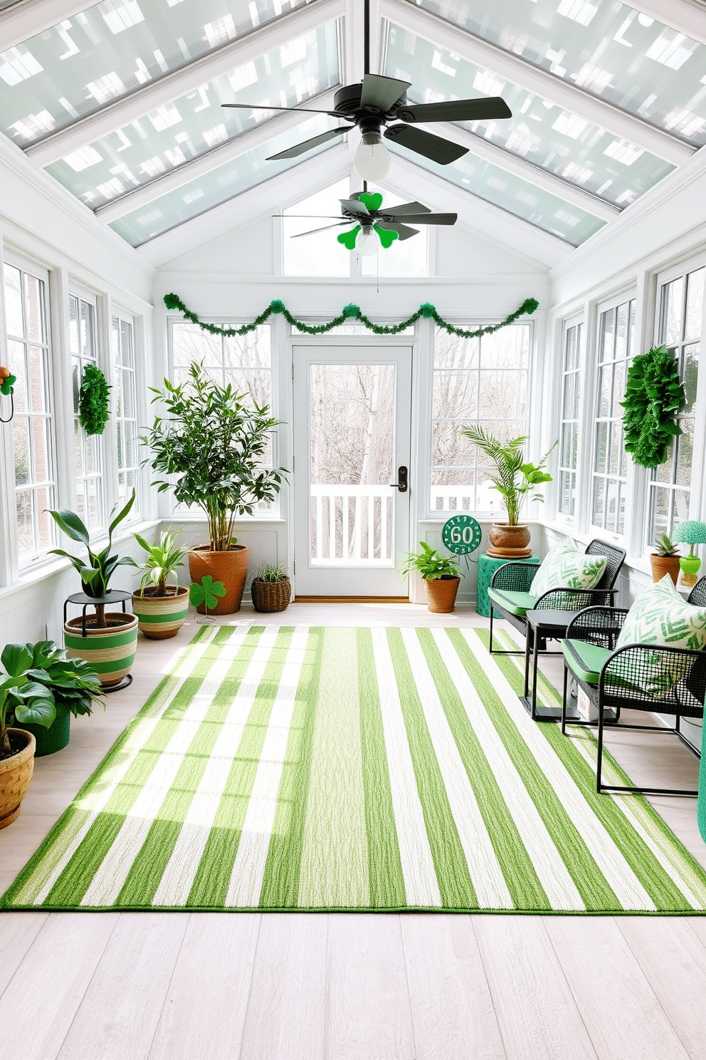 A bright and airy sunroom adorned with a green and white striped rug that adds a fresh touch to the space. The room features large windows allowing natural light to flood in, complemented by potted plants and festive St. Patrick's Day decorations, including shamrocks and green accents throughout.