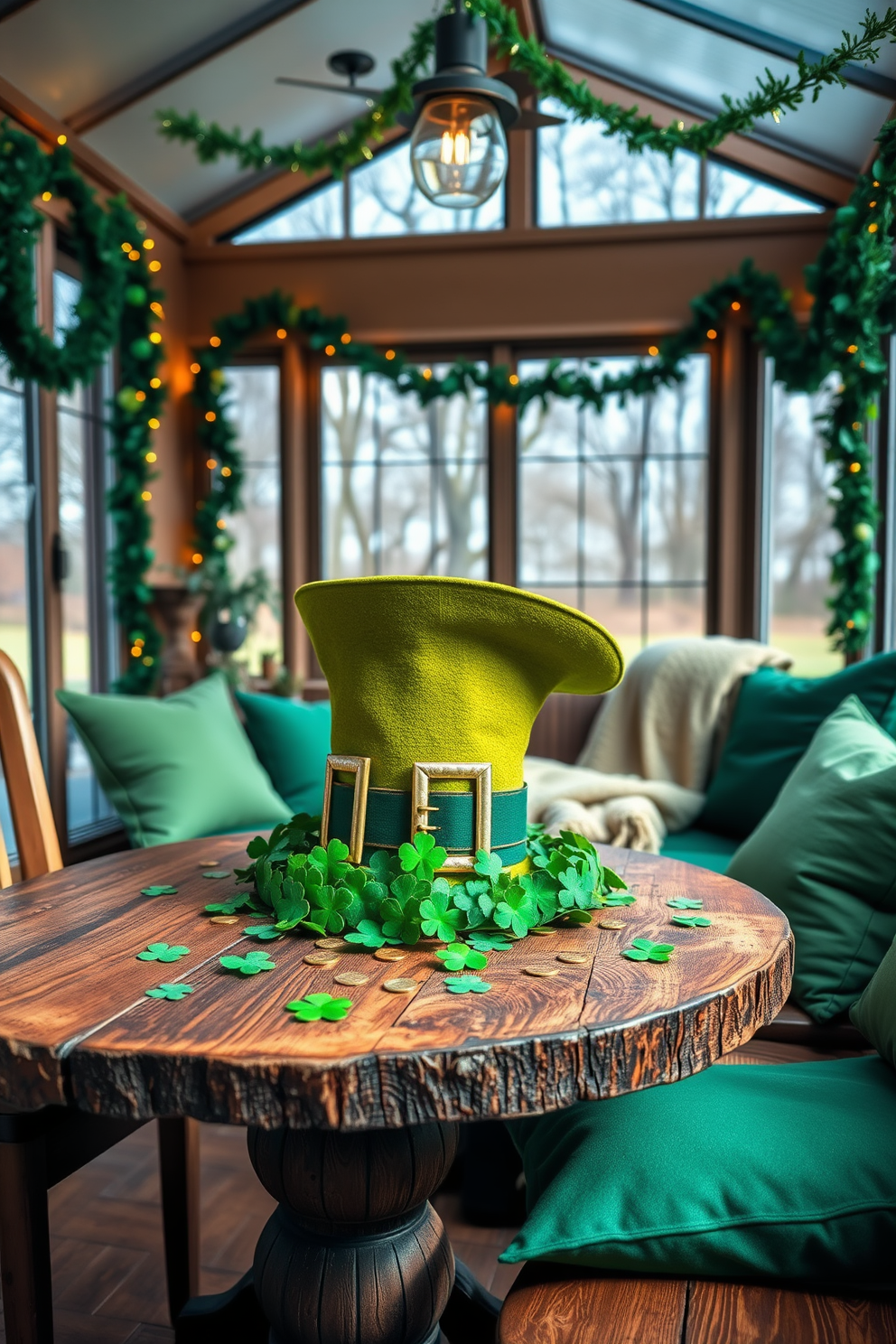 A whimsical leprechaun hat centerpiece sits on a rustic wooden table, surrounded by vibrant green shamrocks and gold coins scattered around. The hat, adorned with a shiny buckle and a playful brim, draws attention with its cheerful colors and festive charm. The sunroom is brightened with St. Patrick's Day decorations, featuring hanging green garlands and twinkling fairy lights. Plush green cushions and a cozy throw blanket create an inviting space to celebrate the holiday while enjoying the view of the outdoors.