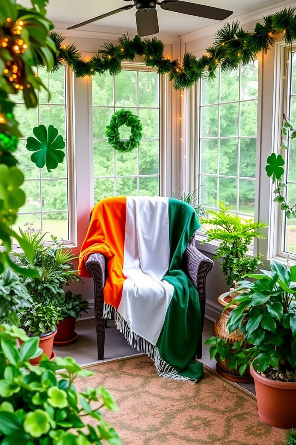 A cozy sunroom adorned for St. Patrick's Day features a vibrant Irish flag throw blanket draped over a plush armchair. Lush greenery and potted plants surround the space, complemented by festive decorations like shamrock garlands and twinkling fairy lights.