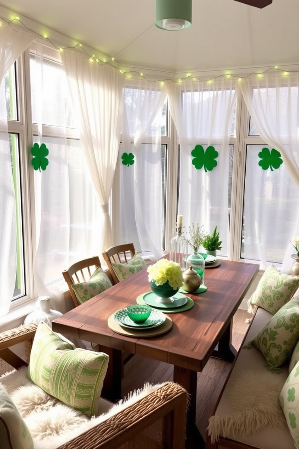 A cozy sunroom adorned for St. Patrick's Day, featuring large windows draped with sheer white curtains. Green fairy lights twinkle around the window frames, casting a warm glow over the space. Inside, a rustic wooden table is set with festive green and gold decorations, including shamrock centerpieces and patterned tableware. Comfortable seating with plush cushions invites guests to relax and enjoy the cheerful atmosphere.