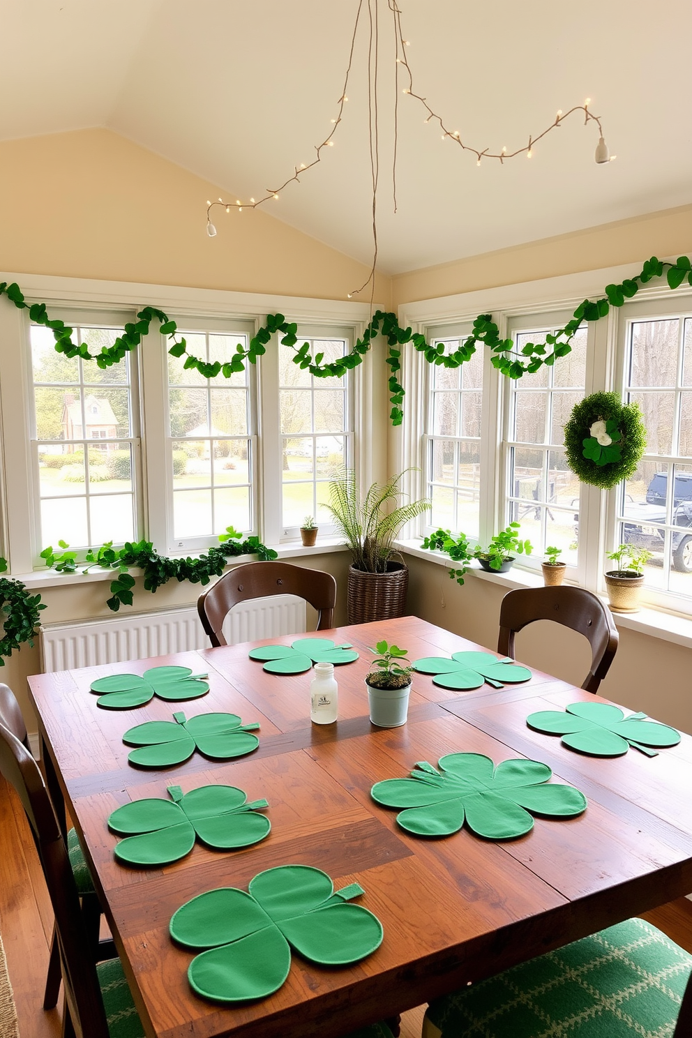 A charming sunroom adorned with clover-shaped placemats on a rustic wooden dining table. The walls are painted in a soft cream hue, and large windows allow natural light to flood the space, creating a warm and inviting atmosphere. Festive St. Patrick's Day decorations include green garlands draped across the window sills and small potted shamrocks placed on the table. Delicate fairy lights twinkle overhead, adding a magical touch to the cheerful setting.