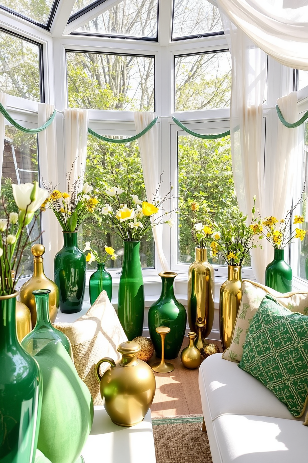 A bright sunroom filled with natural light, featuring an array of green and gold decorative vases in various shapes and sizes. The vases are adorned with fresh spring flowers, creating a vibrant atmosphere perfect for St. Patrick's Day celebrations. The room is decorated with light, airy curtains that flutter gently in the breeze, complementing the lush greenery outside. A cozy seating area with plush cushions invites relaxation, while festive green accents and gold trinkets add a touch of elegance to the festive decor.