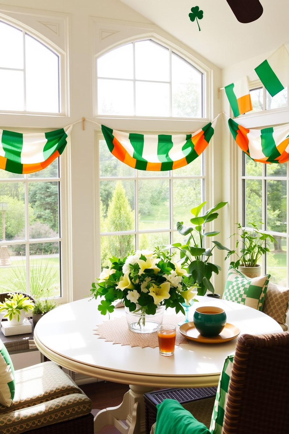 A cheerful sunroom adorned with Irish flag bunting draped gracefully across the windows, creating a festive atmosphere. The space is filled with lush greenery and bright, welcoming light, perfect for celebrating St. Patrick's Day. On the table, a vibrant centerpiece features a mix of shamrocks and white flowers, complemented by green and gold accents. Cozy seating invites guests to relax and enjoy the cheerful decor while sipping on festive drinks.