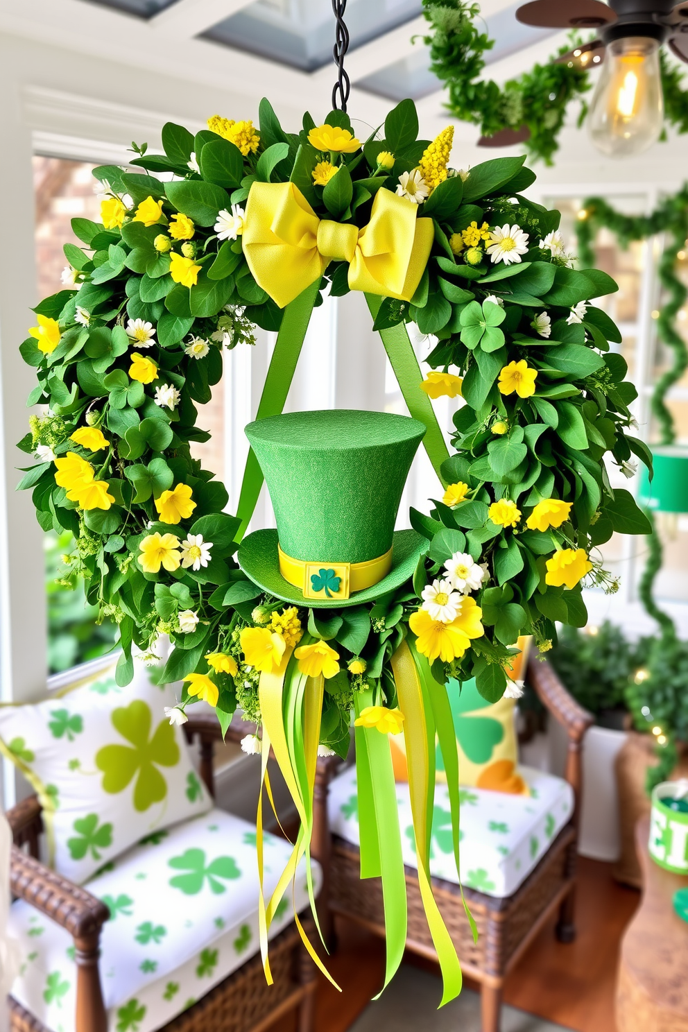 A vibrant St. Patrick's Day themed wreath adorned with lush green foliage, bright yellow flowers, and delicate white accents. The centerpiece features a cheerful leprechaun hat and festive ribbons cascading down, creating a whimsical touch to your entryway. In the sunroom, incorporate playful St. Patrick's Day decorations with green and gold accents. Use shamrock-patterned cushions on the seating, and hang string lights intertwined with green garlands to create a cozy, festive atmosphere.