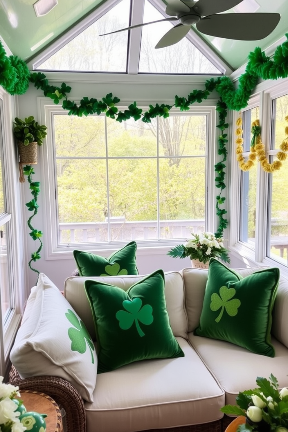 A cozy sunroom adorned with lush green velvet cushions that invite relaxation. The cushions are paired with a light, airy fabric on the furniture, creating a perfect spot to enjoy the natural light streaming in. For St. Patrick's Day, the sunroom is decorated with playful accents such as shamrock-themed throw pillows and vibrant green garlands. Subtle touches of gold and white add a festive charm, enhancing the cheerful atmosphere of the space.