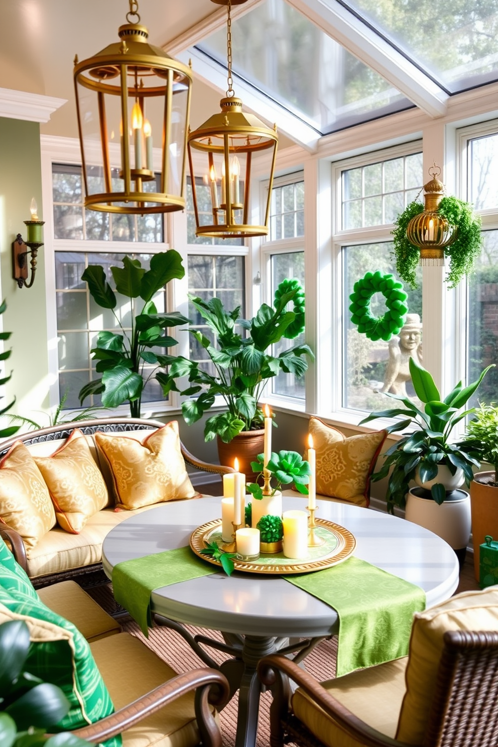 A sunroom adorned with elegant gold and green lanterns, casting a warm glow throughout the space. Lush green plants are strategically placed around the room, complementing the festive St. Patrick's Day decorations. The walls are adorned with subtle green accents, while a cozy seating area features plush cushions in shades of gold and green. A beautifully set table in the center showcases a festive centerpiece with shamrocks and candles, enhancing the holiday spirit.