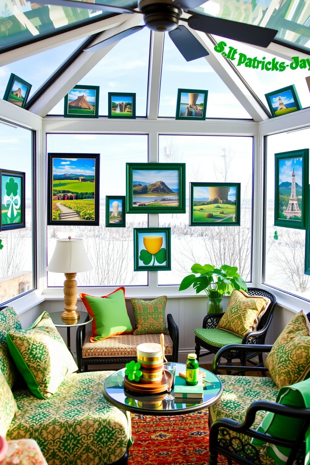 A cozy sunroom adorned with Irish-themed photo frames showcasing vibrant landscapes and cultural symbols. The frames are arranged artistically on the walls, complemented by green and gold accents throughout the room to celebrate St. Patrick's Day.