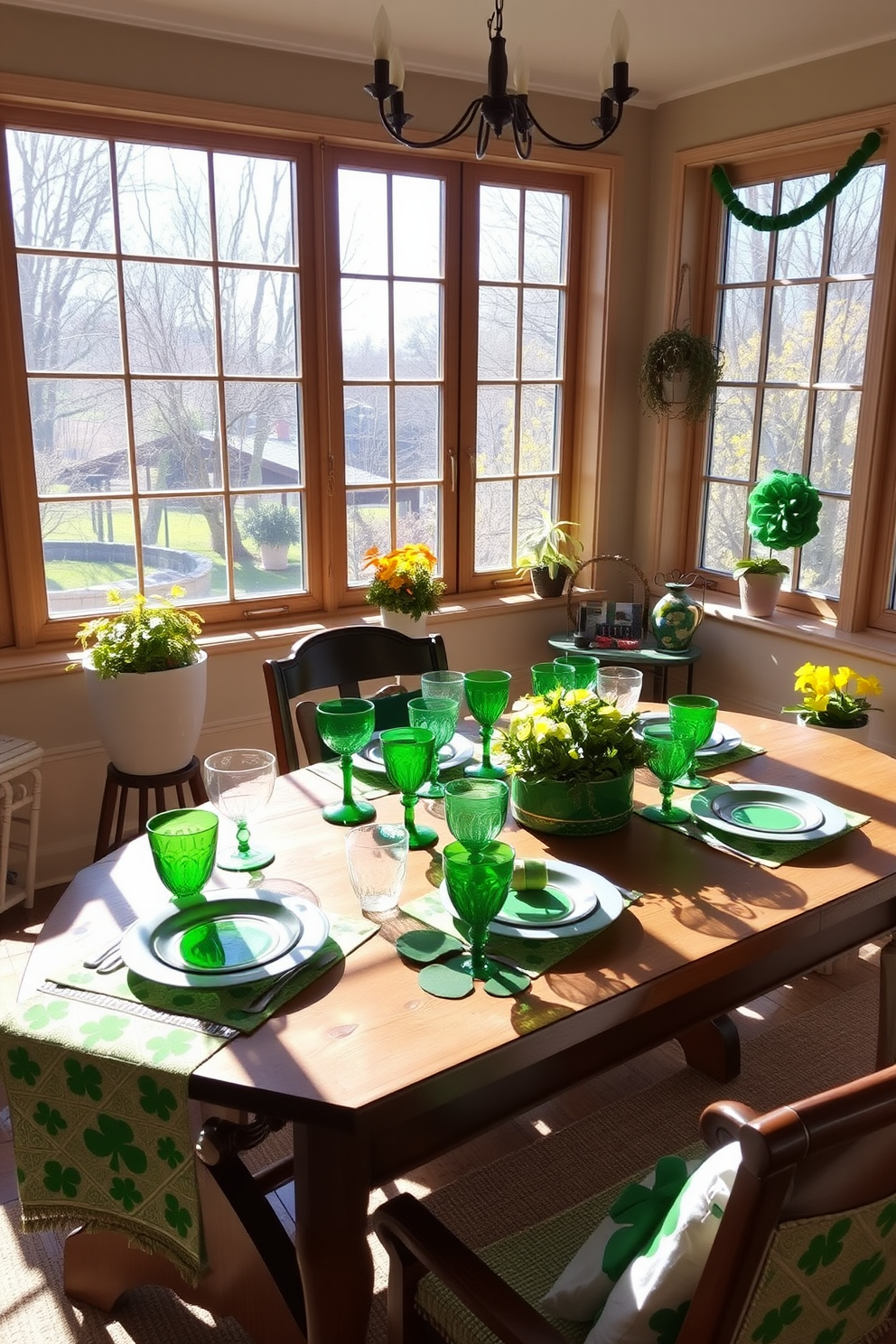 A charming sunroom adorned for St. Patrick's Day features a collection of vibrant green glassware set elegantly on a rustic wooden table. Sunlight streams through large windows, casting a warm glow on the festive decorations, including shamrock-patterned table runners and cheerful potted plants.