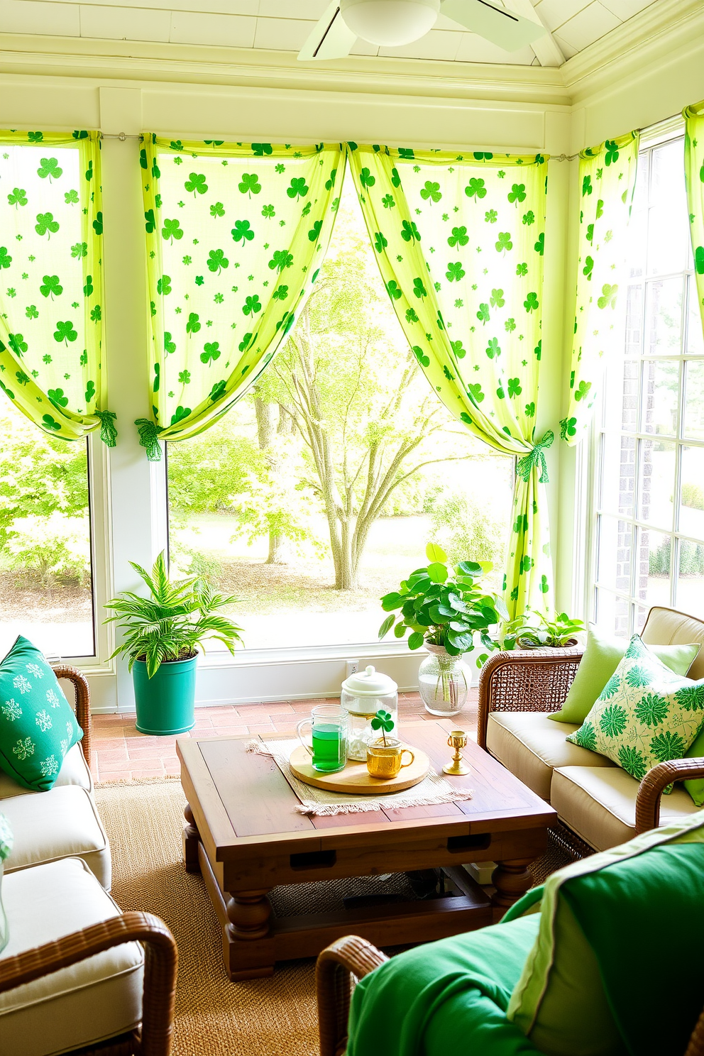 A bright and cheerful sunroom adorned with shamrock patterned curtains that flutter gently in the breeze. The curtains frame large windows that allow natural light to flood the space, enhancing the festive St. Patrick's Day atmosphere. Cozy seating is arranged around a rustic wooden coffee table, decorated with green and gold accents. Potted plants and small decorative elements, such as shamrock figurines, complete the inviting and celebratory decor.