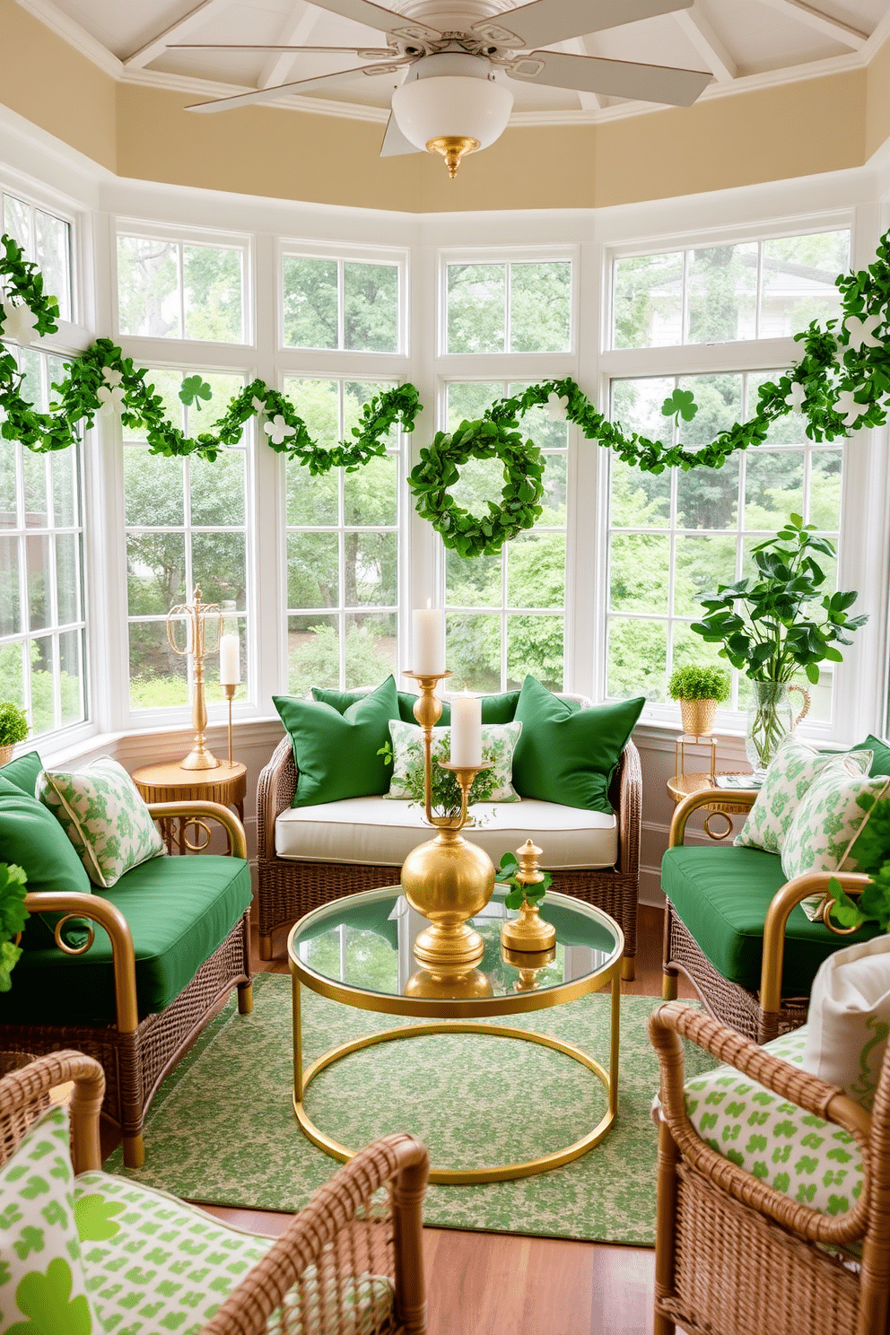 A bright and inviting sunroom adorned with gold and green accent pieces. The space features a comfortable seating area with plush green cushions and a stylish gold coffee table at the center. Delicate green garlands drape along the window sills, complemented by gold candle holders that add a warm glow. A festive St. Patrick's Day theme is captured through decorative shamrocks and gold accents, creating a cheerful atmosphere.