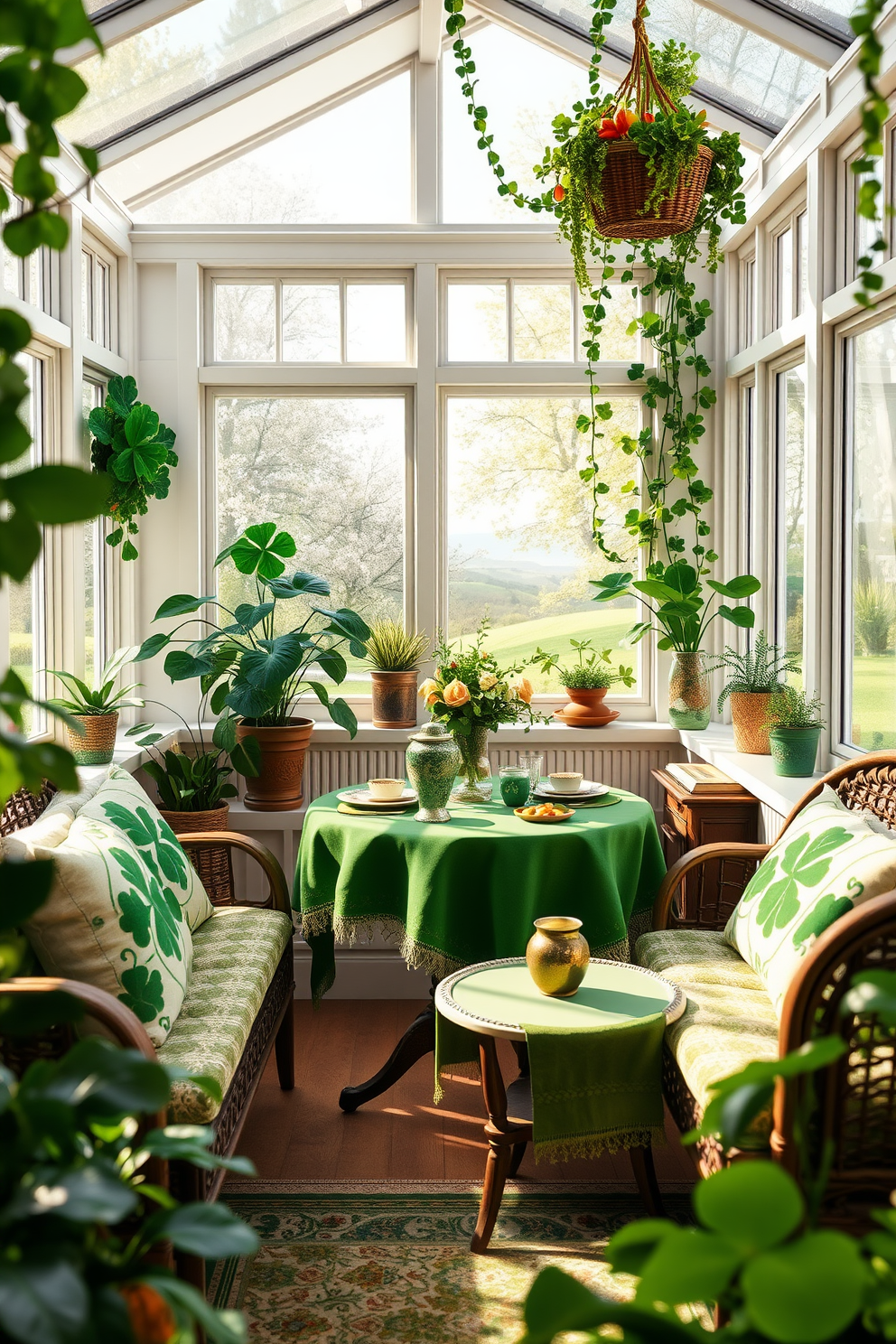 A cozy sunroom decorated for St. Patrick's Day features lush green plants and soft, natural light streaming through large windows. The space is adorned with festive Irish-themed decorations, including shamrock-patterned cushions and a charming table set with a green tablecloth and traditional Irish ceramics. For Irish-themed book covers, envision a collection that celebrates the rich culture and landscapes of Ireland. Each cover showcases iconic symbols such as Celtic knots, rolling green hills, and ancient stone castles, all framed by intricate borders inspired by traditional Irish art.