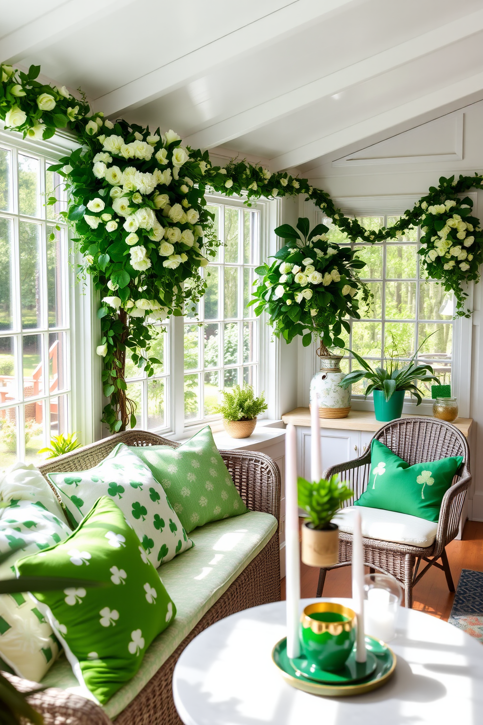 A bright and airy sunroom adorned with lush green and white floral arrangements, creating a fresh and inviting atmosphere. The space features large windows that allow natural light to flood in, highlighting the delicate blooms and vibrant greenery. For St. Patrick's Day, the sunroom is decorated with playful accents such as shamrock-patterned throw pillows and festive garlands. A charming table is set with green and gold tableware, complemented by small potted plants and candles for a warm, celebratory touch.