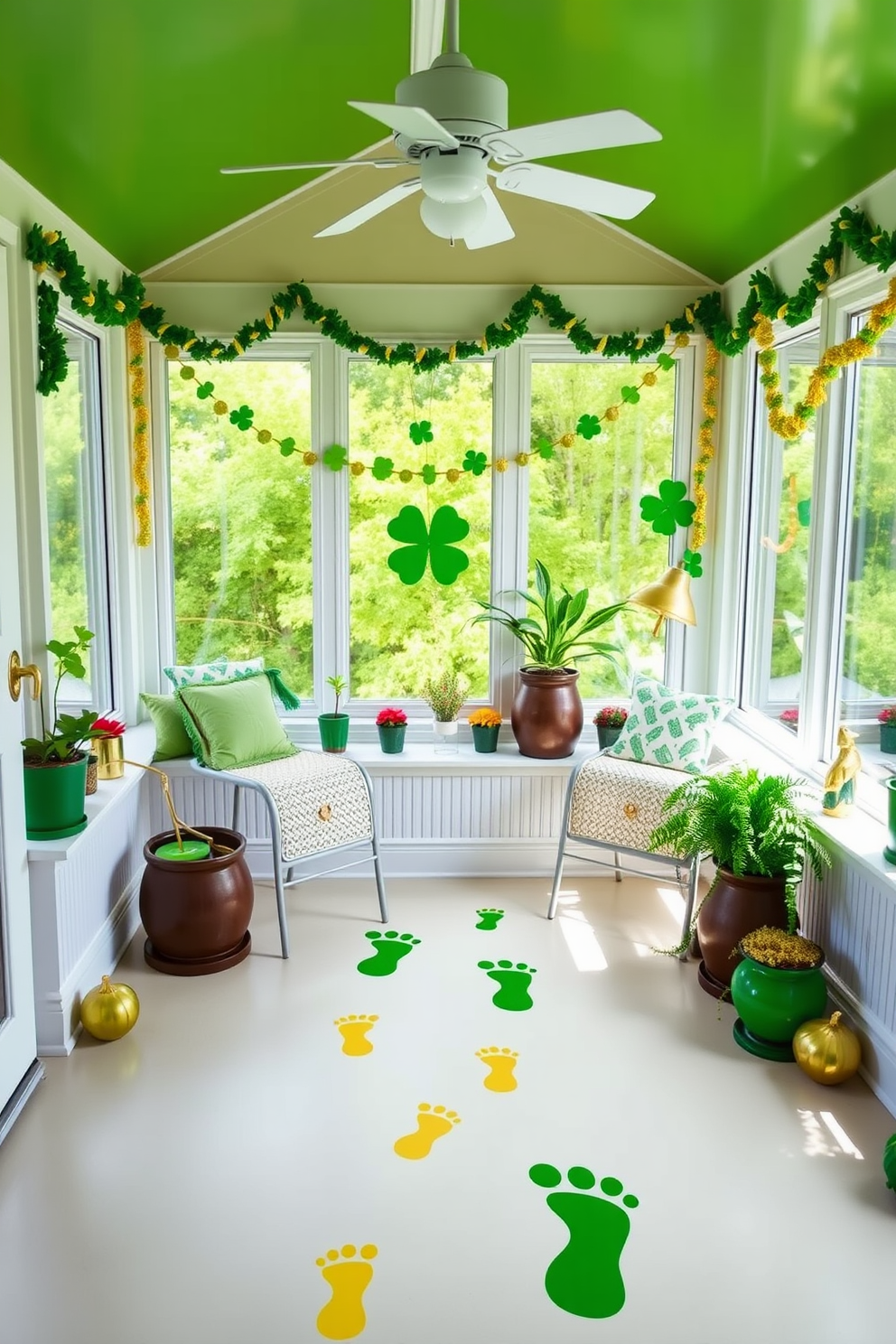 A whimsical sunroom adorned for St. Patrick's Day, featuring playful leprechaun footprints decals leading across the floor. Bright green and gold accents are scattered throughout, with potted shamrocks and festive garlands draped over the windowsills.