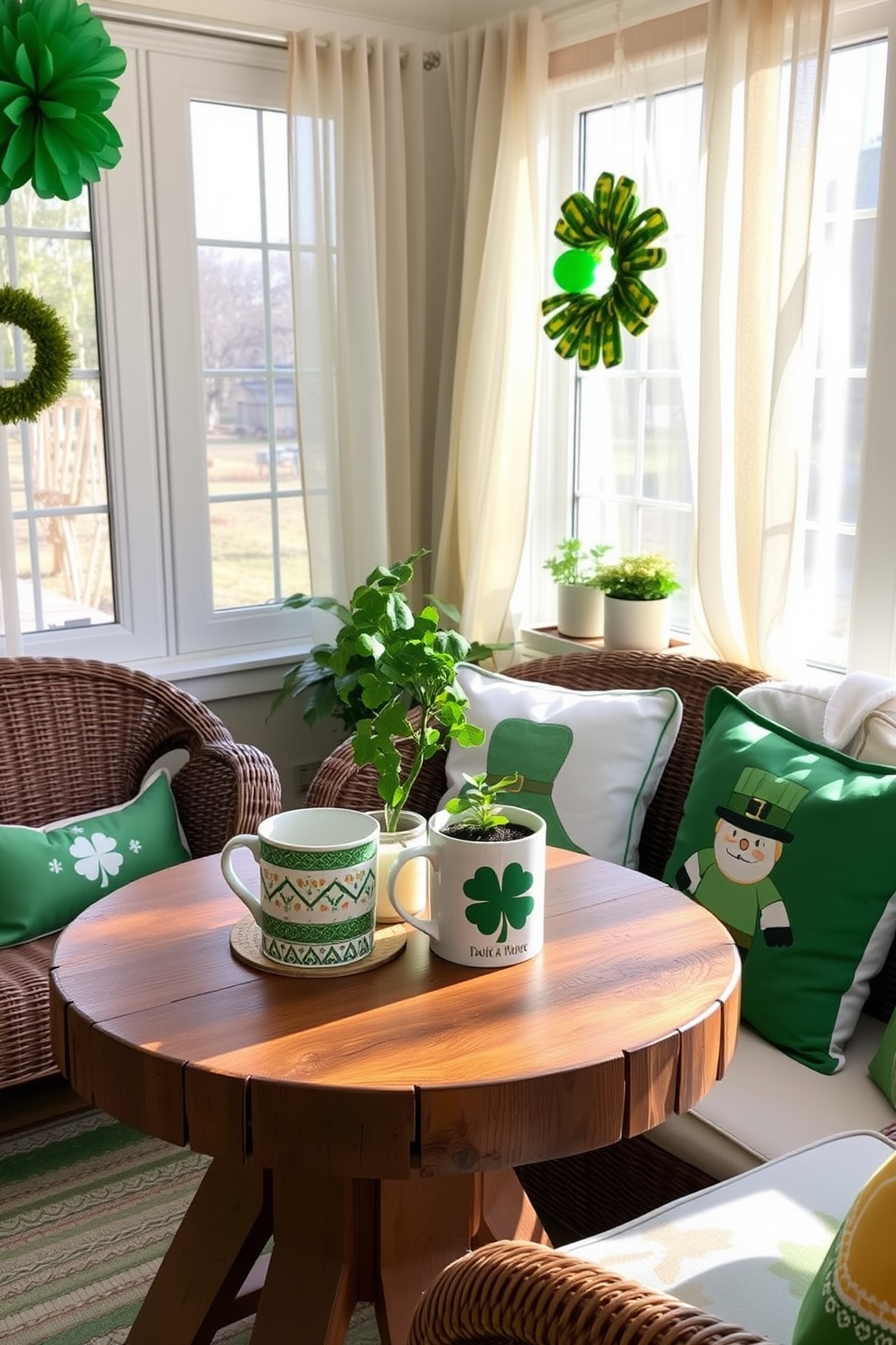 A cozy sunroom decorated for St. Patrick's Day features cheerful green and gold accents throughout. On a rustic wooden table, two festive mugs adorned with shamrocks and Celtic patterns sit next to a small potted shamrock plant, adding a touch of nature to the festive ambiance. The windows are draped with light, sheer curtains that let in the soft sunlight, illuminating the space. Green throw pillows with playful leprechaun motifs are scattered on a comfortable wicker sofa, creating an inviting atmosphere for relaxation and celebration.