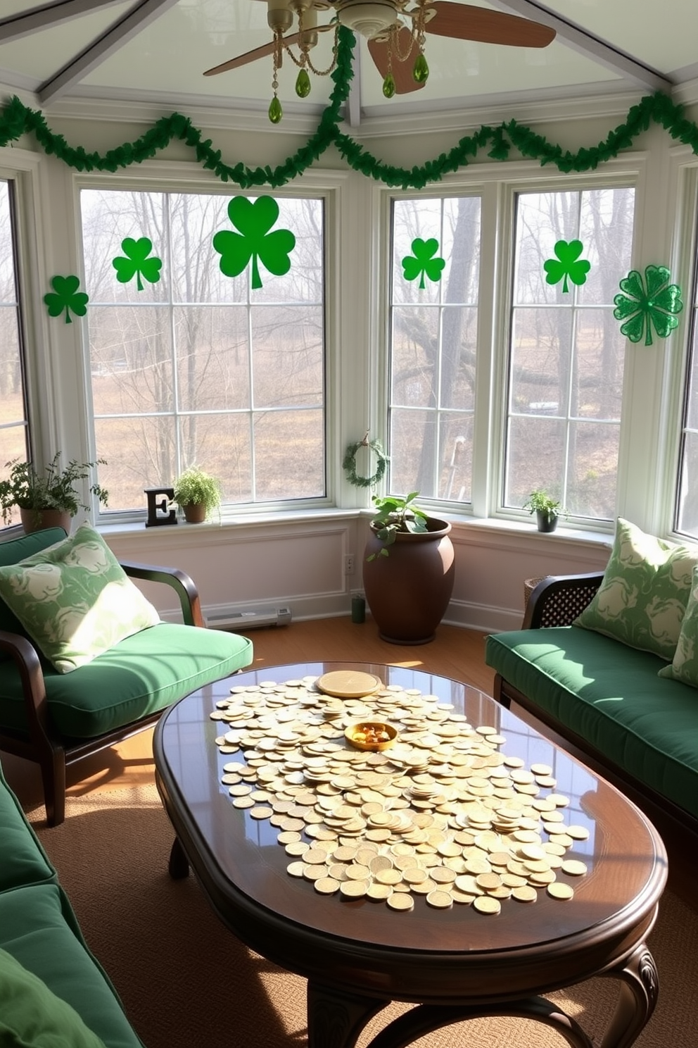 A cozy sunroom adorned for St. Patrick's Day, featuring a coffee table scattered with shiny gold coins. The table is surrounded by plush green cushions, and vibrant shamrock decorations hang from the windows, creating a festive atmosphere.