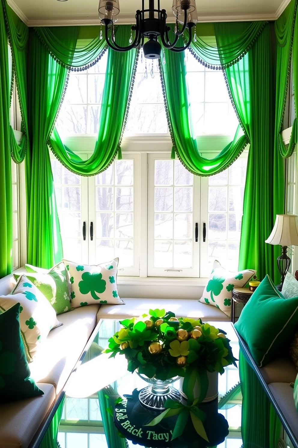 A sun-drenched sunroom adorned with emerald green curtains that elegantly frame the windows, allowing natural light to filter through and create a warm ambiance. The space is decorated with festive St. Patrick's Day accents, including shamrock-patterned throw pillows and a centerpiece featuring a vibrant arrangement of green and gold elements.