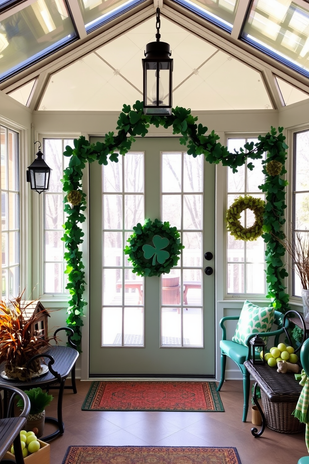 A charming sunroom adorned with a shamrock garland draped gracefully around the door frame, welcoming guests with a festive touch. The natural light floods the space, highlighting green accents and cheerful decorations that celebrate St. Patrick's Day.