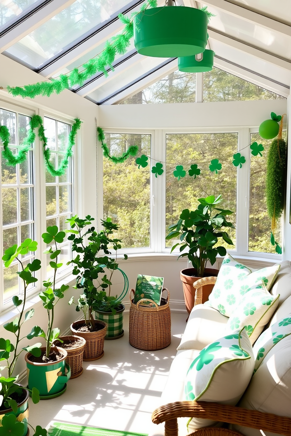 A bright and inviting sunroom filled with natural light, featuring potted clover plants in each corner to enhance the festive St. Patrick's Day theme. The space is adorned with cheerful green and gold decorations, including garlands and cushions that celebrate the holiday spirit.