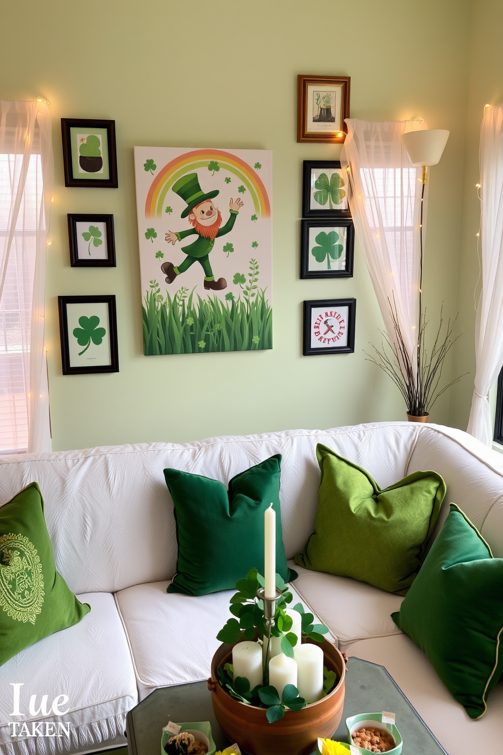 A vibrant St. Patrick's Day themed wall art display featuring a large canvas with a whimsical leprechaun dancing among shamrocks and rainbows. Surrounding the canvas are smaller framed pieces showcasing traditional Irish symbols, all set against a backdrop of a soft, light green wall. A cozy sunroom decorated for St. Patrick's Day, complete with green and gold throw pillows on a plush white sofa. The windows are adorned with sheer curtains and string lights, while a small table holds a festive centerpiece of clovers and candles, creating a warm and inviting atmosphere.